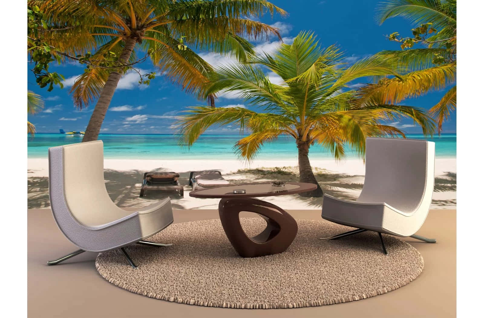 beach sunbed, tropical beach wallpaper, palm trees, HD Desktop Wallpaper