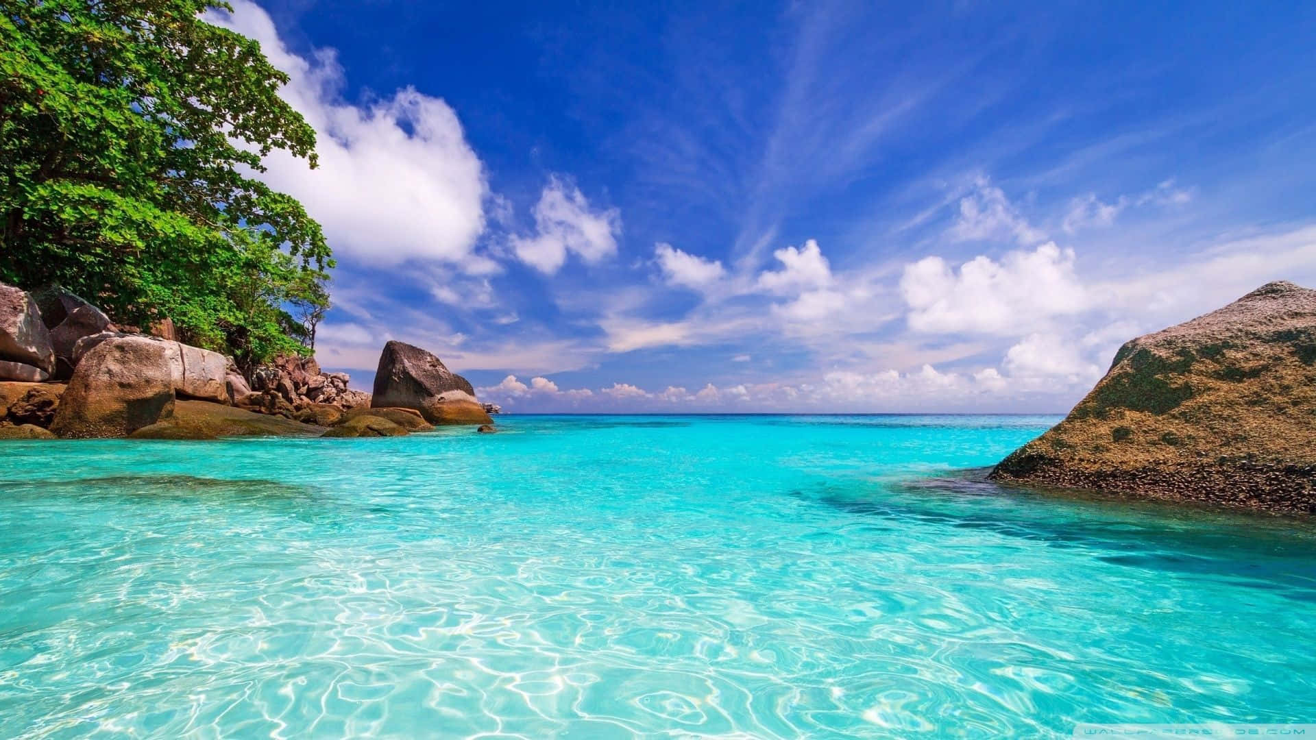 turquoise water, mossy rocks, vibrant blue sky, Full HD Desktop Wallpaper