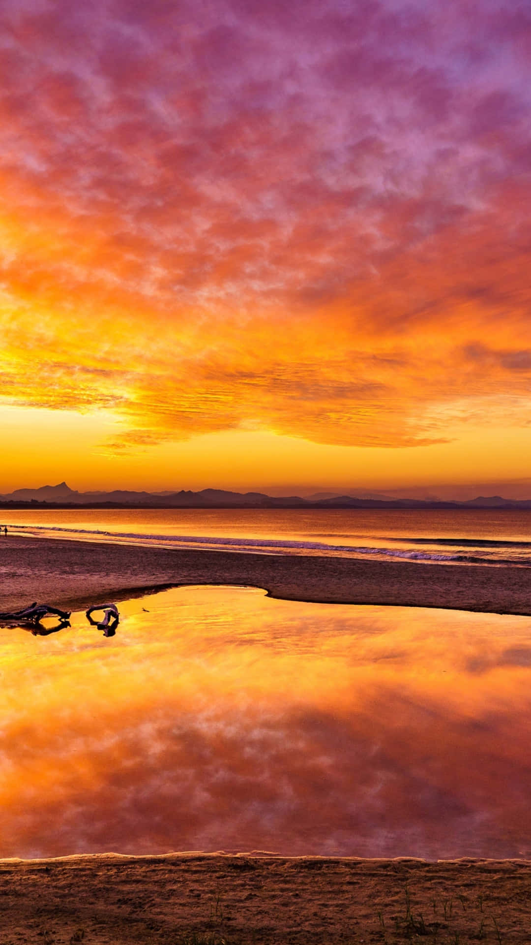 sunset, fiery oranges and purples, tidal pool, Full HD Phone Wallpaper