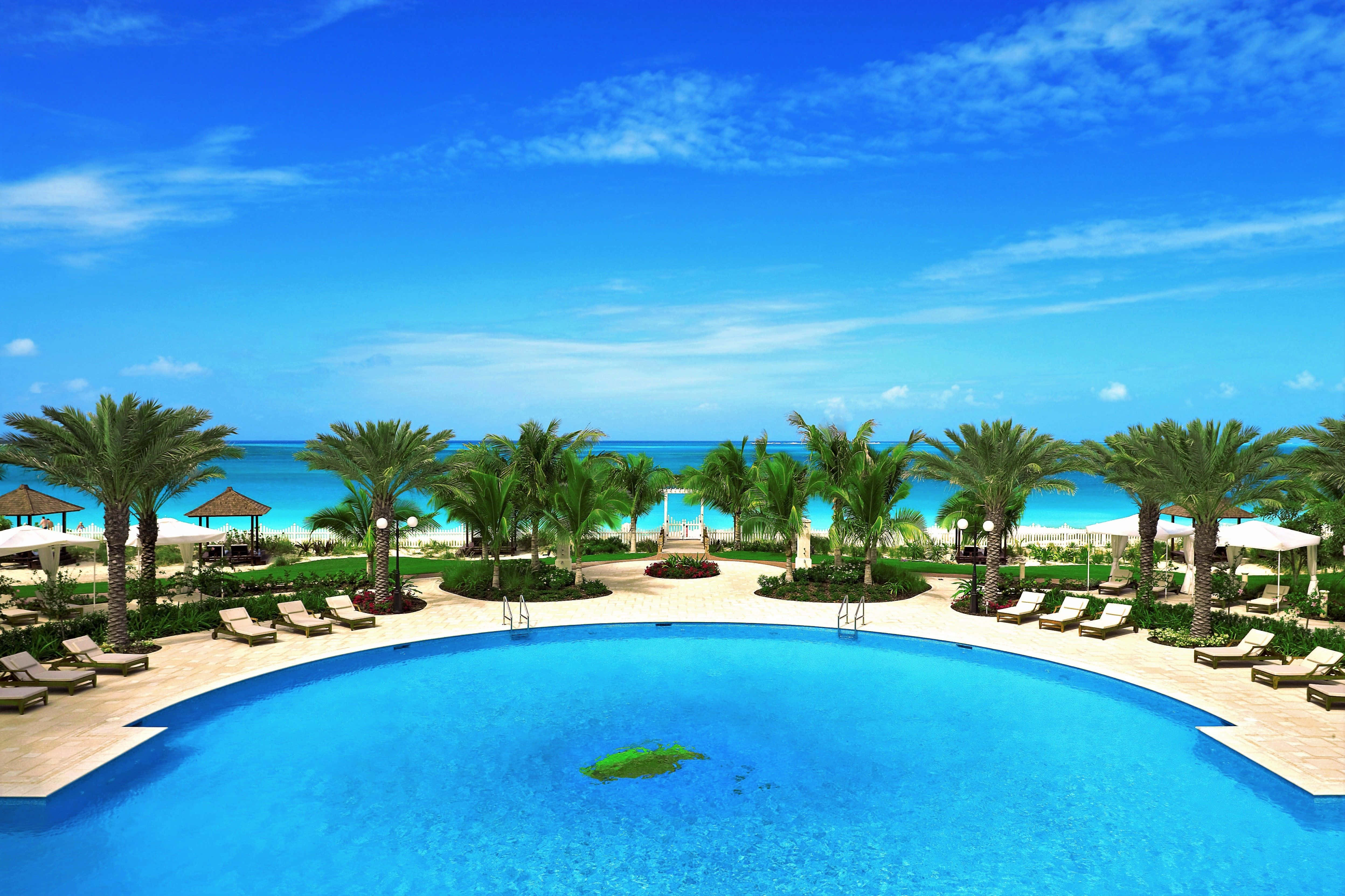 beach resort, vibrant blue infinity pool, turquoise ocean, 4K Desktop Wallpaper