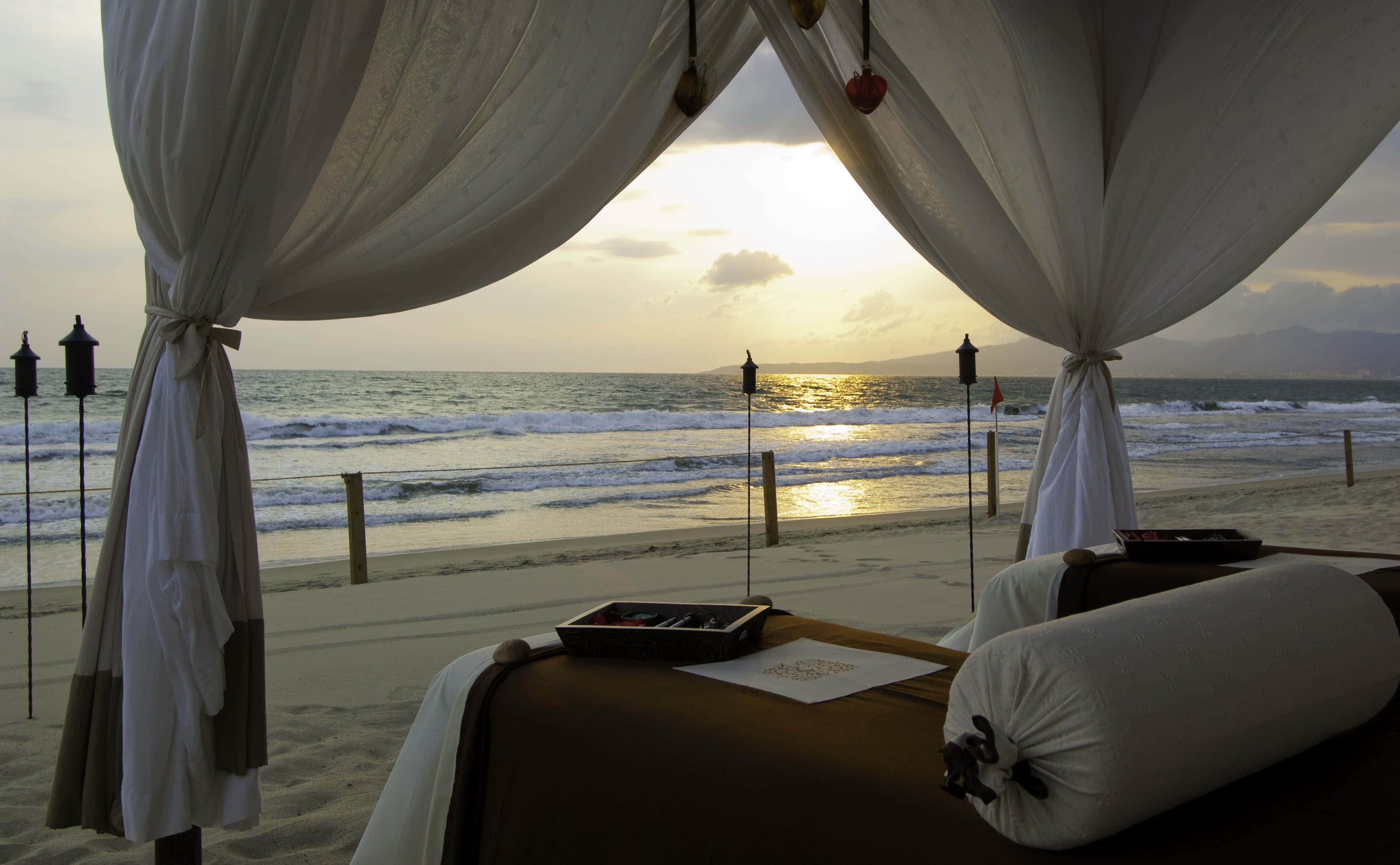 beach daybed, white canopy, sunset, 4K Desktop Wallpaper
