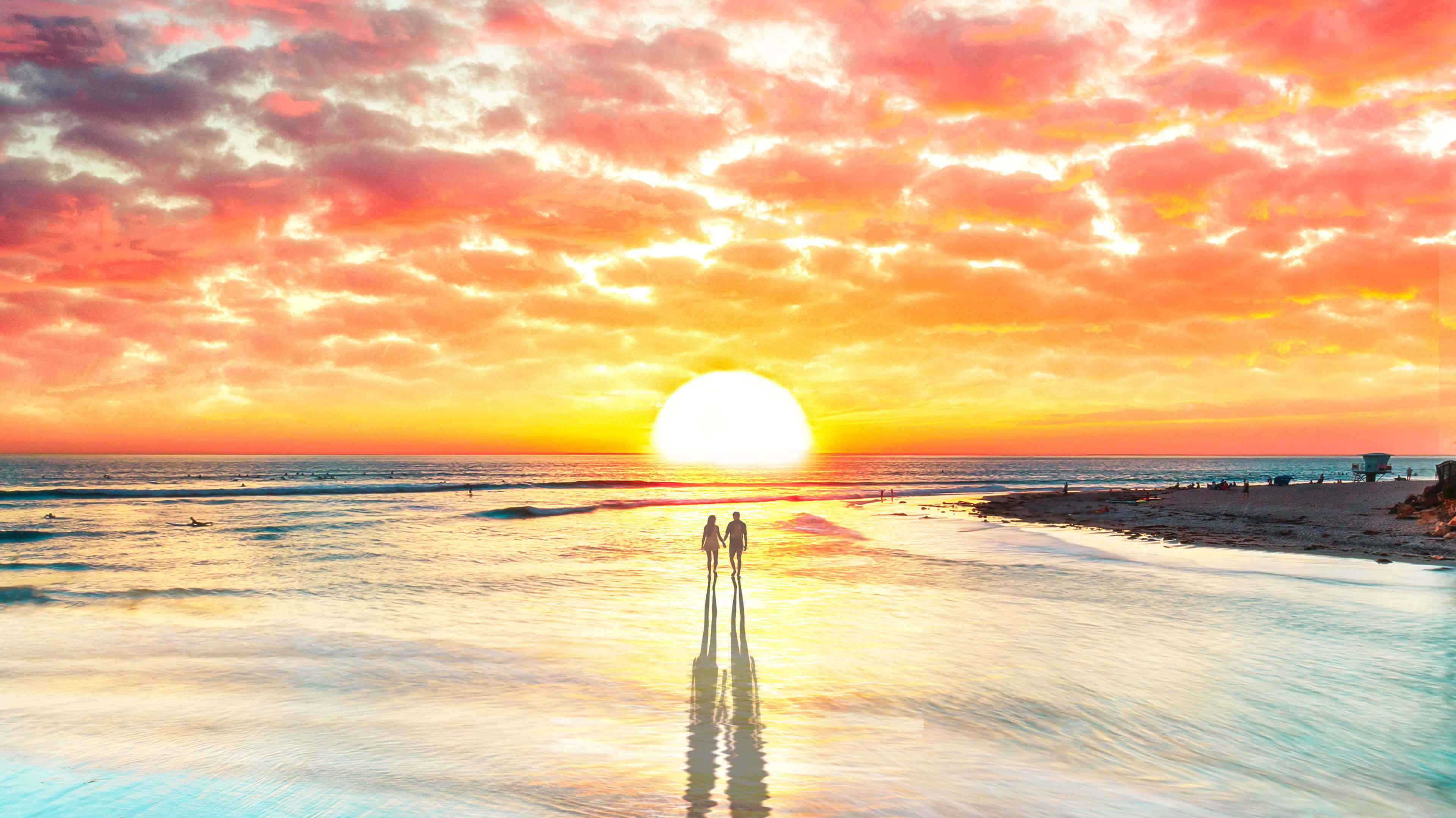 beach lovers, wet beach, sun sets, 4K Desktop Wallpaper