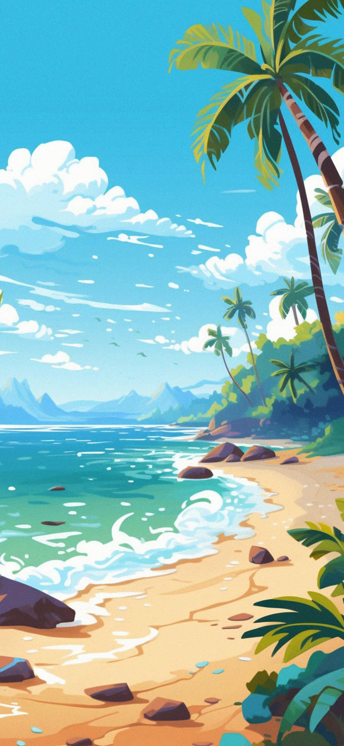 Tropical beach, palm trees, turquoise waters, 2K Phone Wallpaper