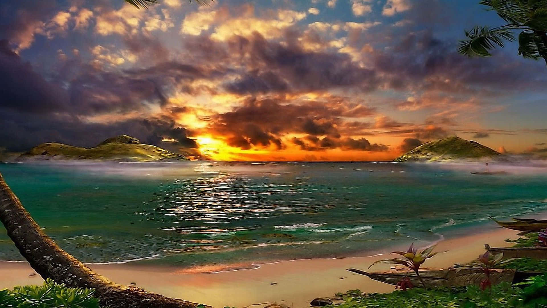 tropical sunset, fiery orange and purple, misty beach, Full HD Desktop Wallpaper