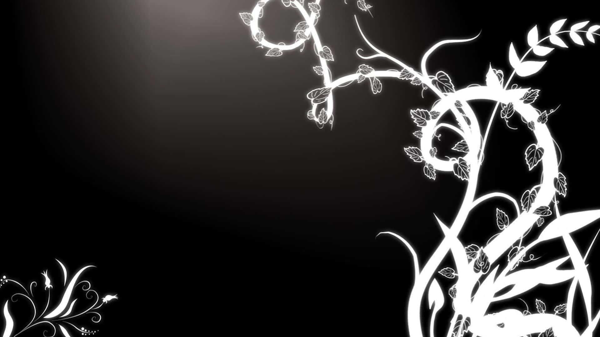 black and white background, white floral vines, leaves, Full HD Desktop Wallpaper