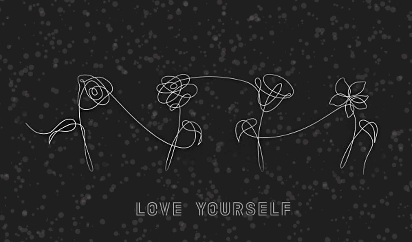 love yourself, four stylized flowers, single continuous white line, HD Desktop Wallpaper