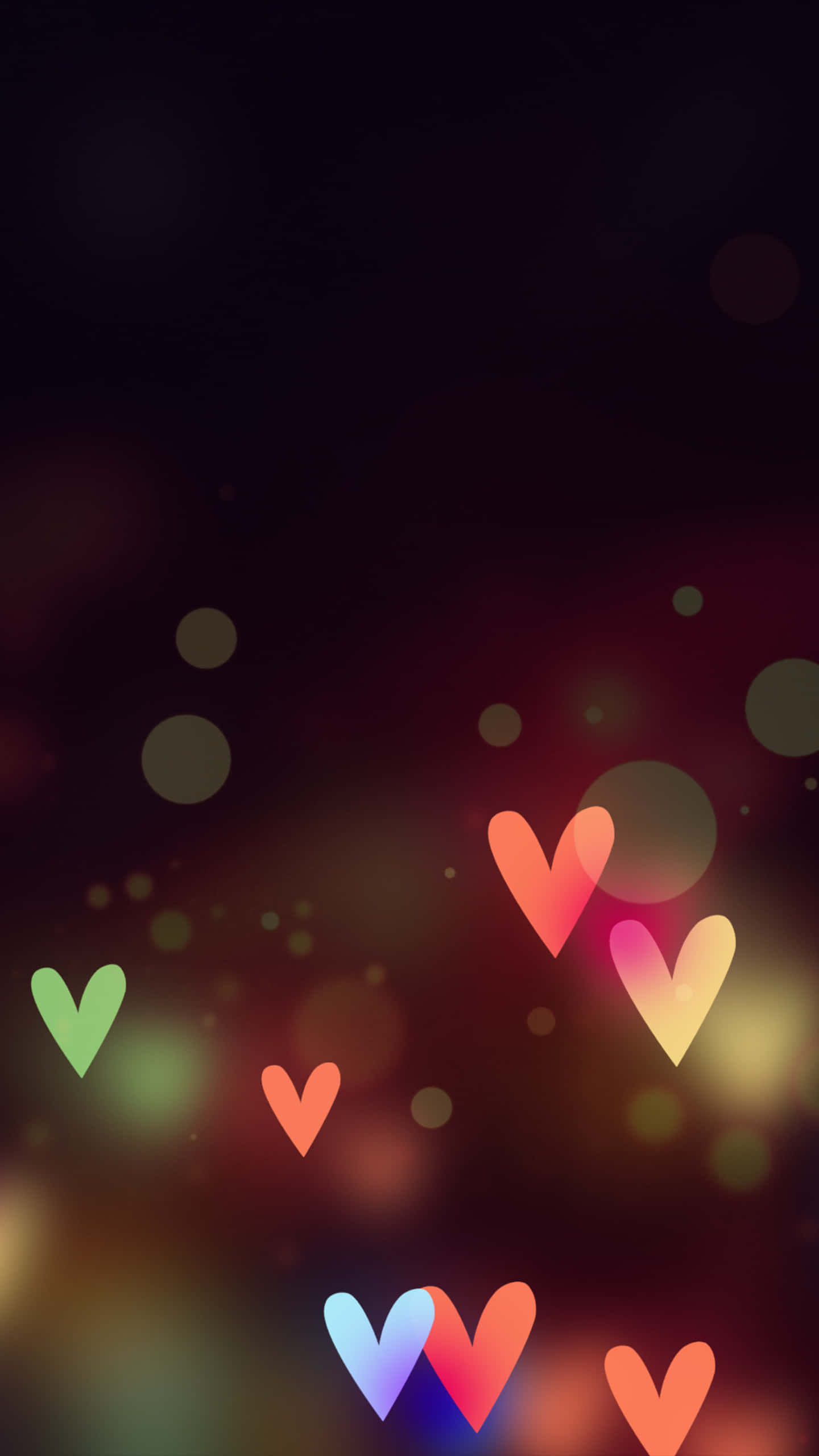 Pretty Black, glowing multicolored hearts, dark bokeh background, 2K Phone Wallpaper