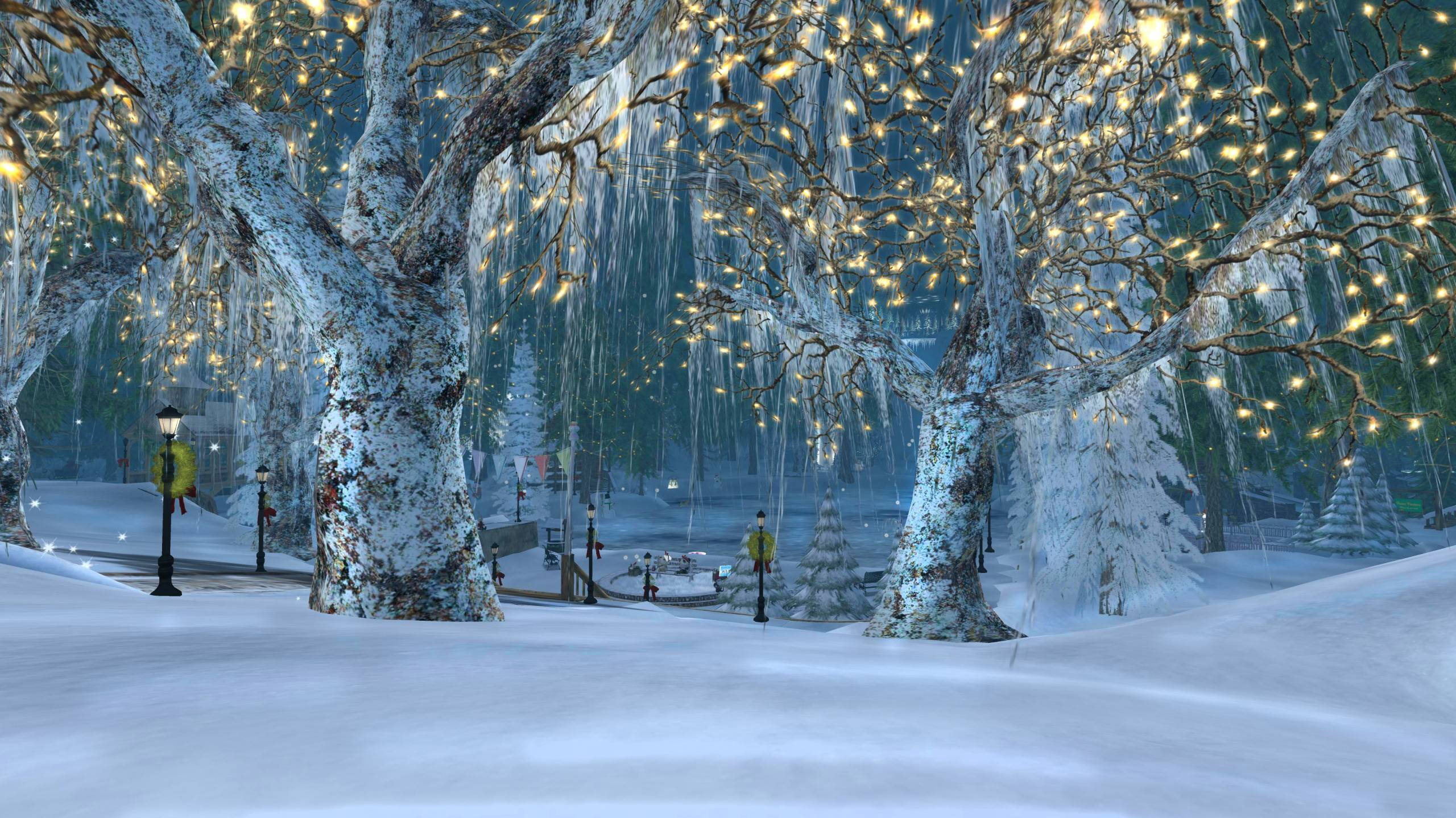 White Christmas, fairy lights, snow, 2K Desktop Wallpaper