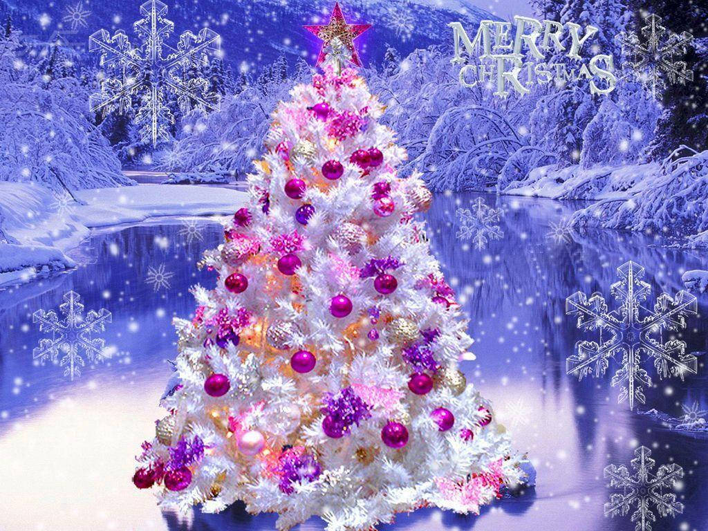 white Christmas tree, pink and purple ornaments, snowy river, SD Desktop Wallpaper