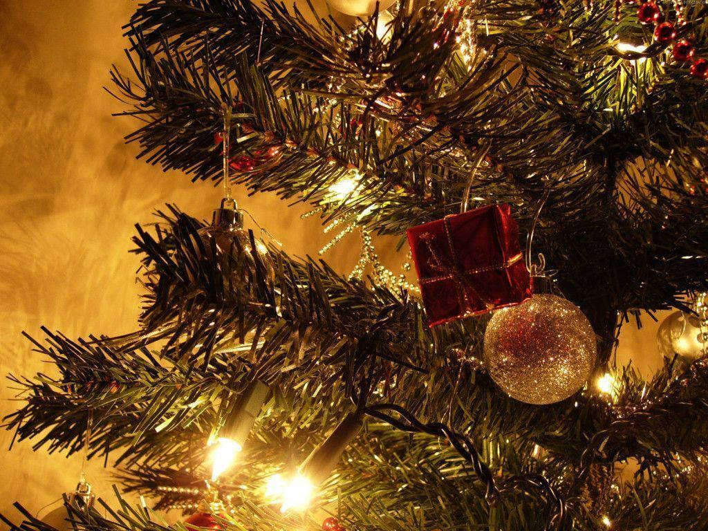 Christmas tree, red ornaments, gold glitter balls, SD Desktop Wallpaper