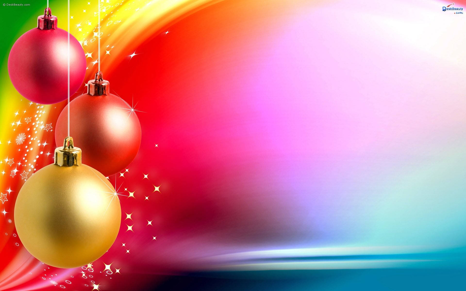 glossy red and gold Christmas ornaments, vibrant rainbow gradient background, sparkling stars, Full HD Desktop Wallpaper