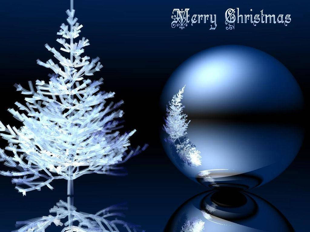 white frosty Christmas tree, reflective blue ornament, Merry Christmas, SD Desktop Wallpaper