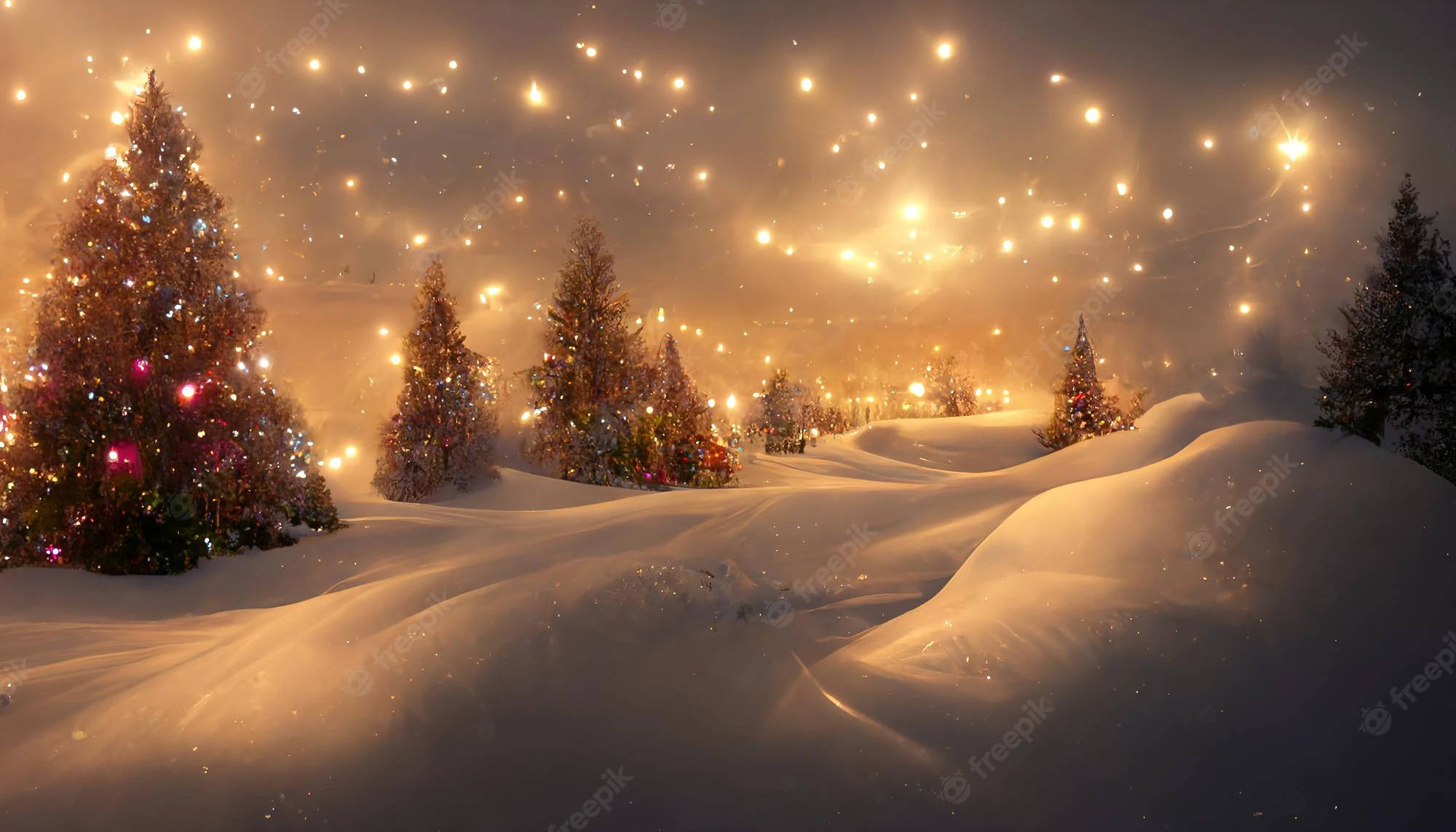 icy cool christmas desktop, snowy forest path, warm fairy lights, Full HD Desktop Wallpaper