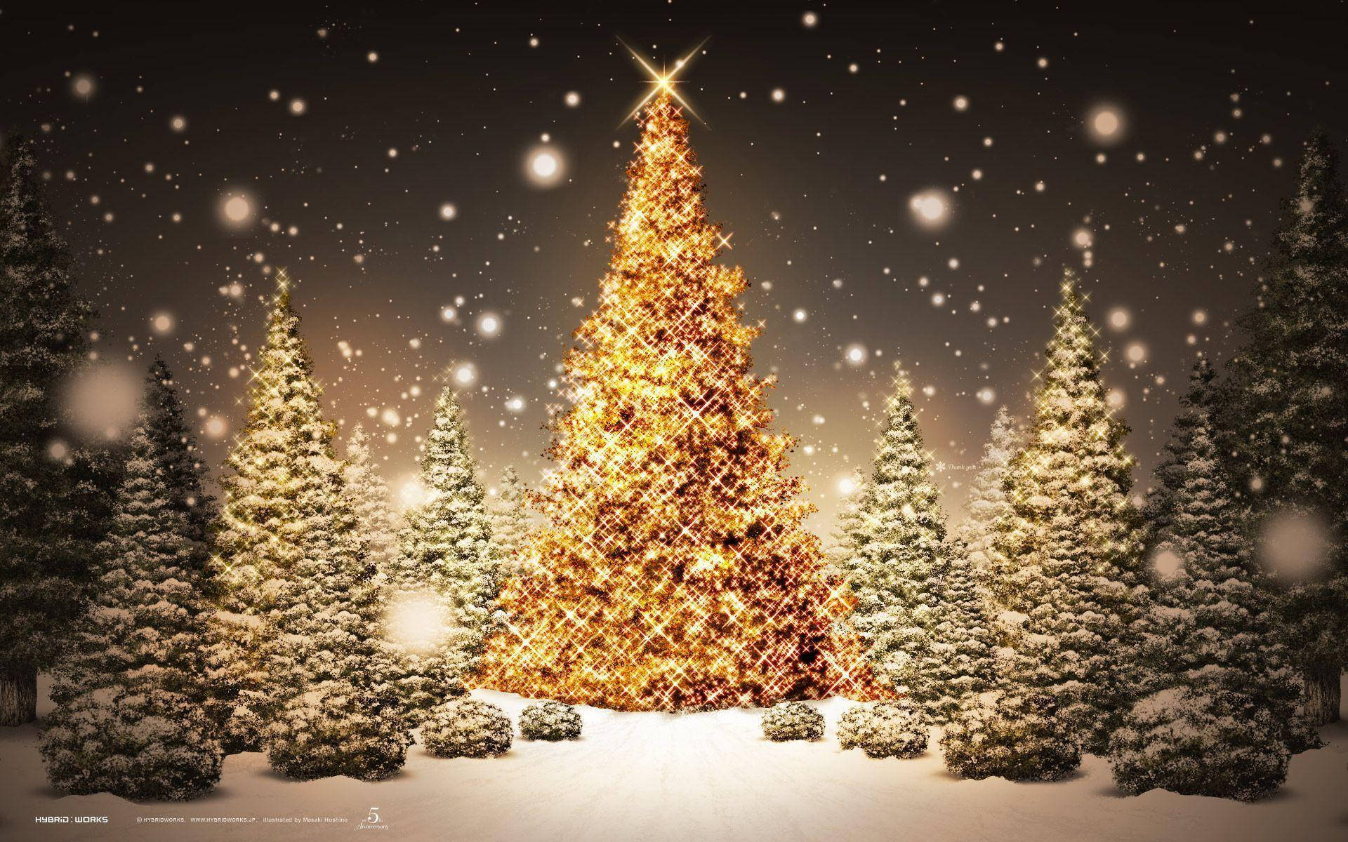 golden Christmas tree, snowy night sky, snowflakes, Full HD Desktop Wallpaper
