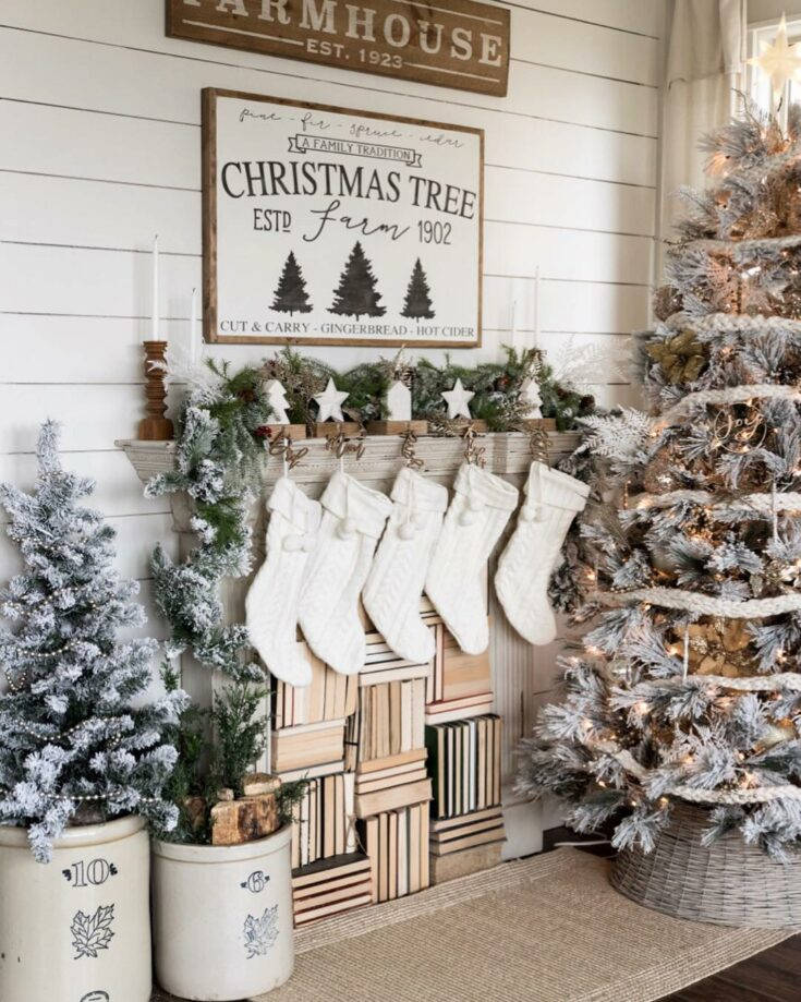 white shiplap wall, flocked trees, stockings, SD Phone Wallpaper