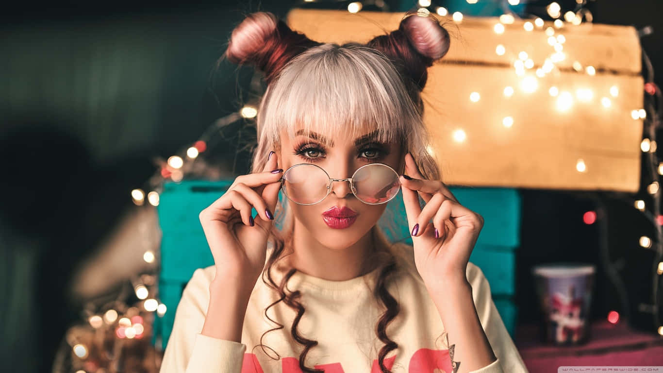 blonde hair, twin buns hairstyle, round glasses, HD Desktop Wallpaper