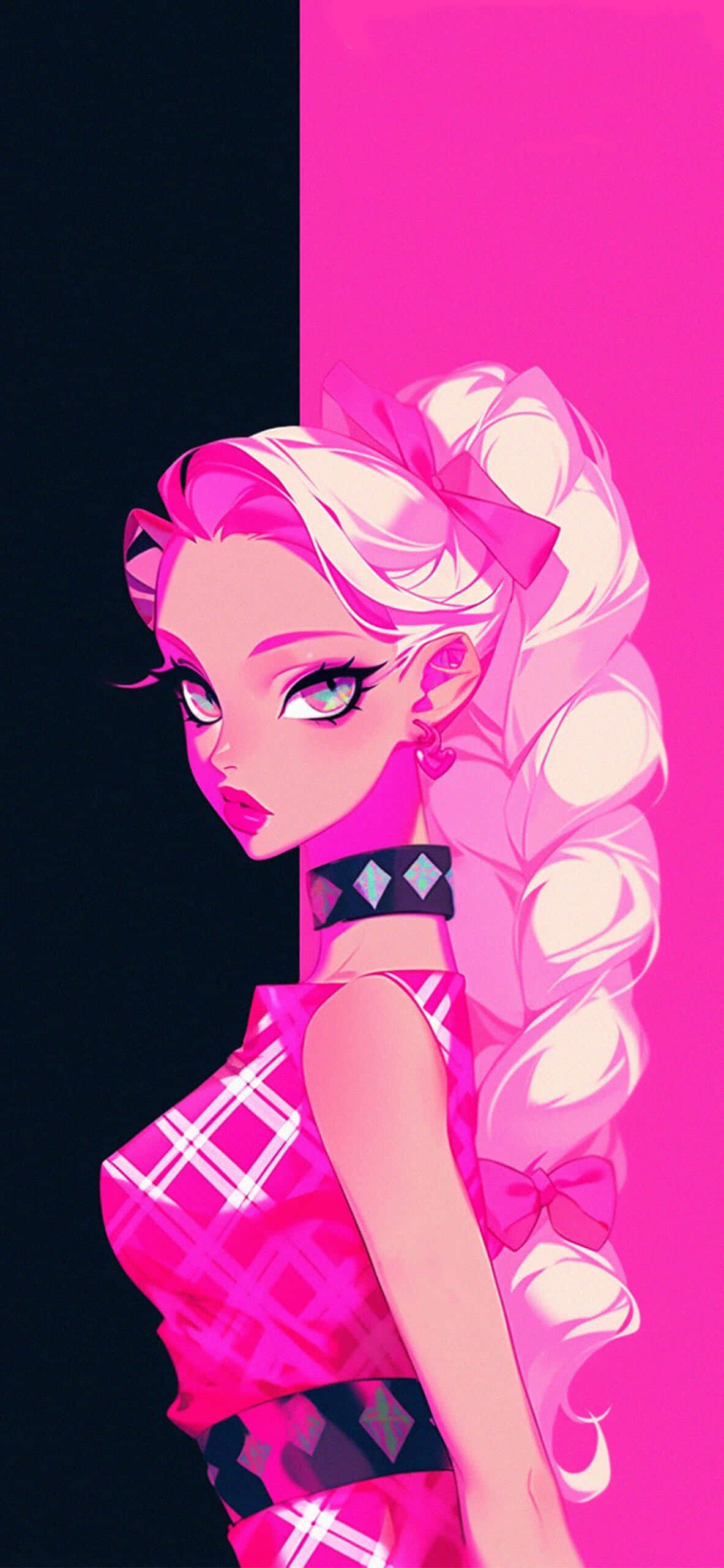 pink aesthetic anime girl, pink hair, bow, 2K Phone Wallpaper