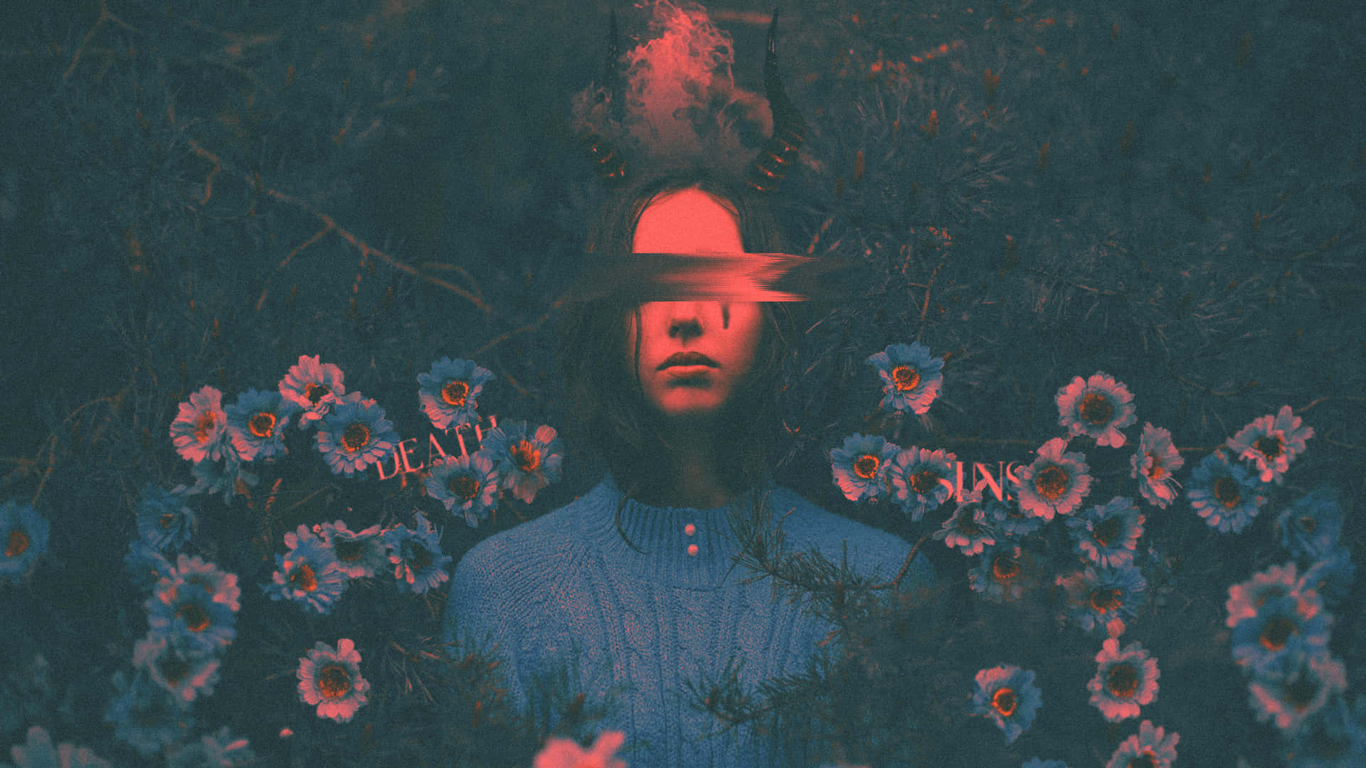 Mystical Floral Girl Aesthetic, horns, red glowing eye, Full HD Desktop Wallpaper