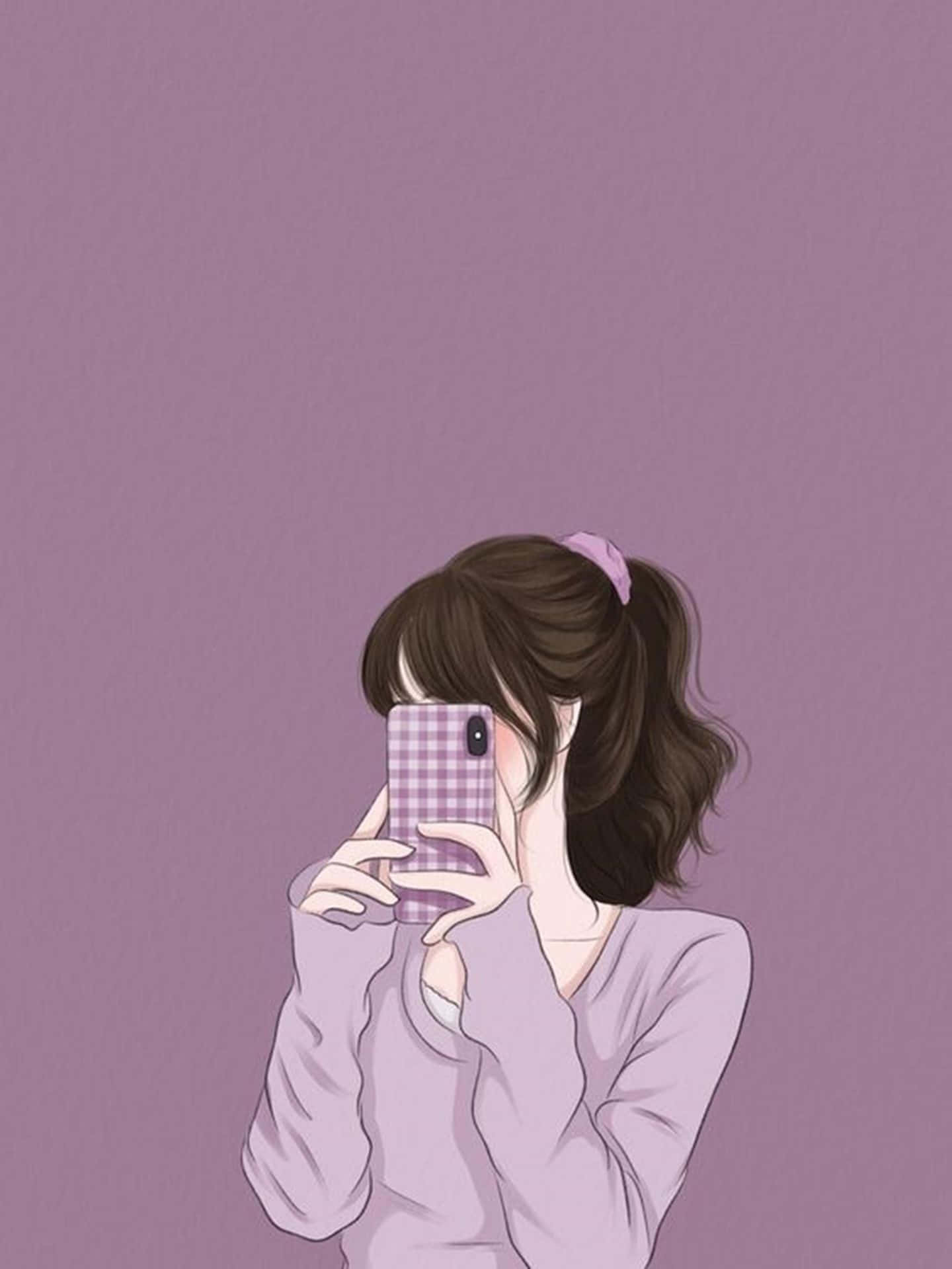brown hair, ponytail, purple checkered phone, HD Phone Wallpaper