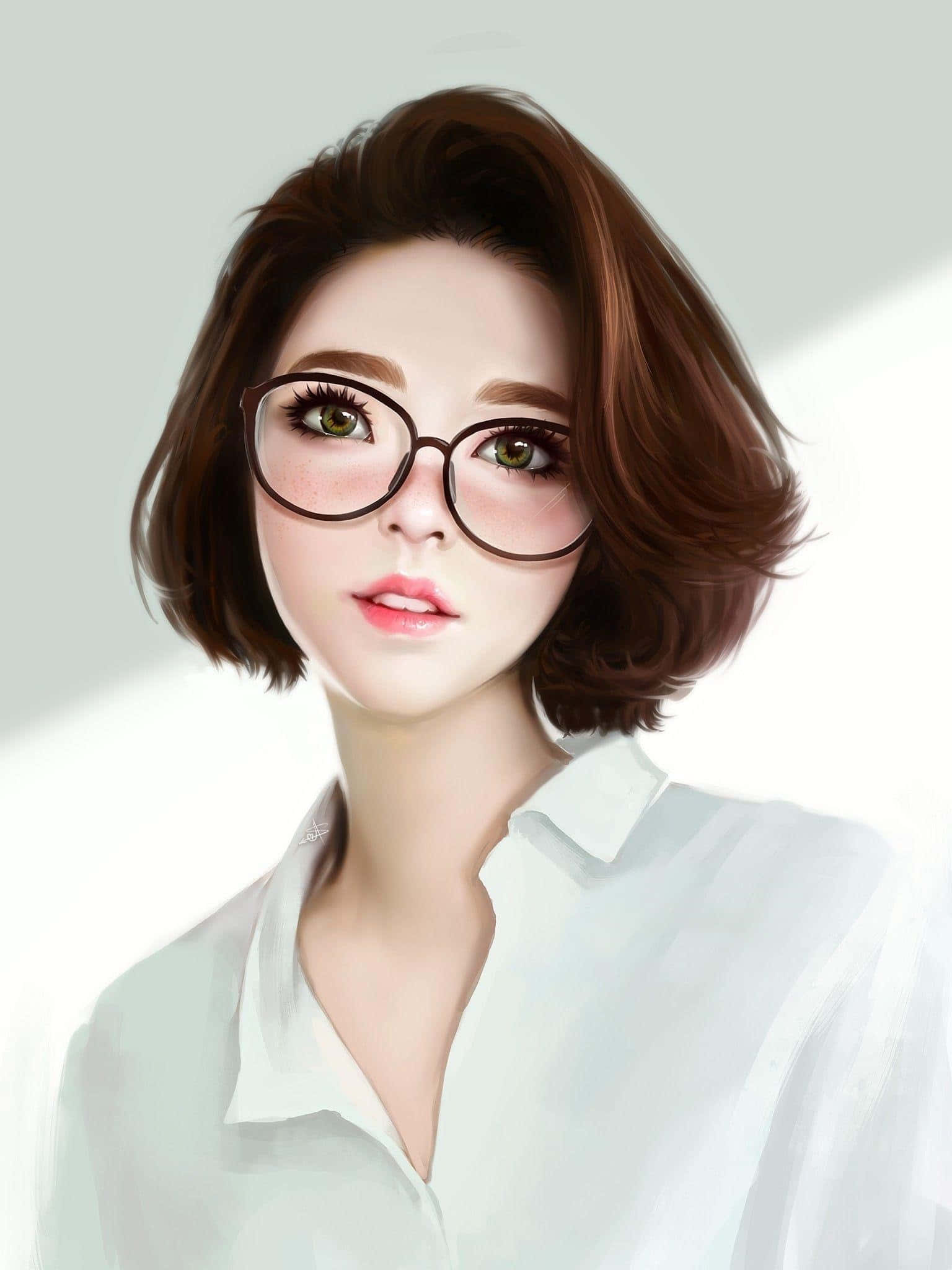 Korean anime girl, reading glasses, short brown hair, Full HD Phone Wallpaper