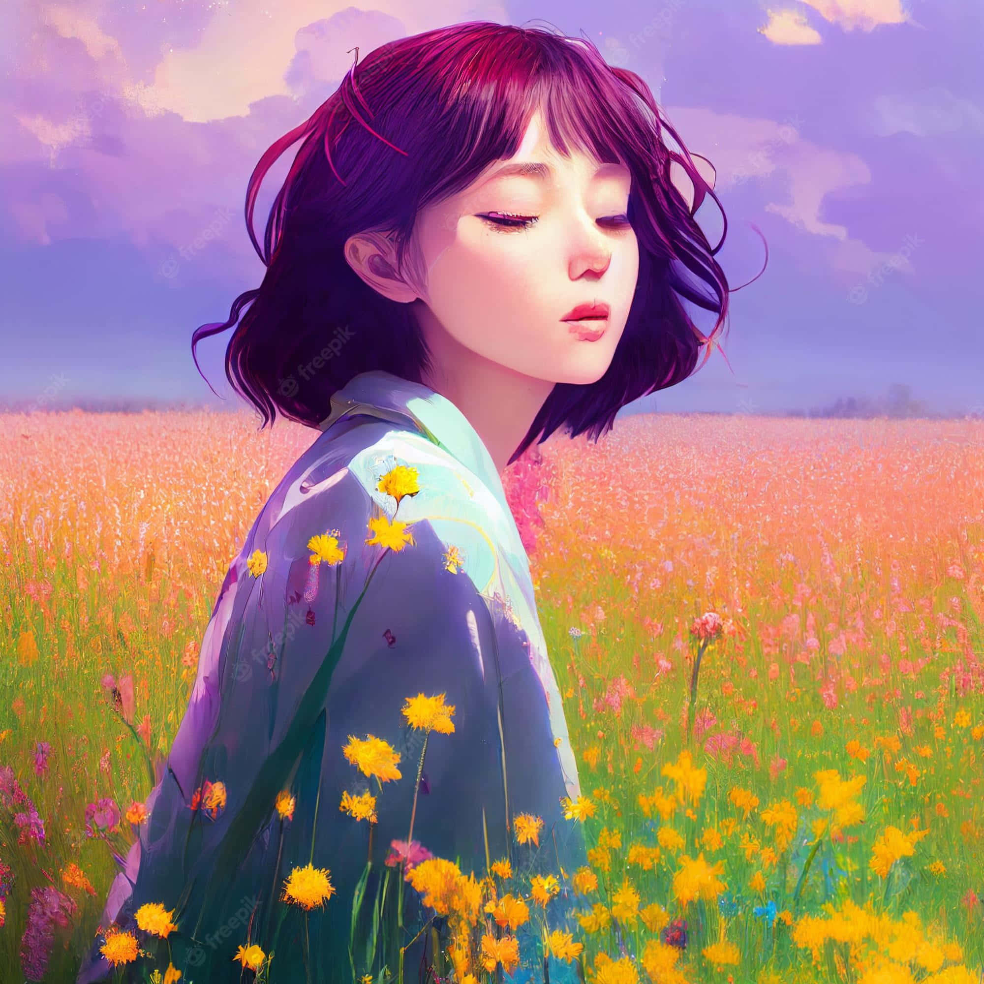 Korean anime girl, purple hair, field of yellow and pink flowers, Full HD Desktop Wallpaper