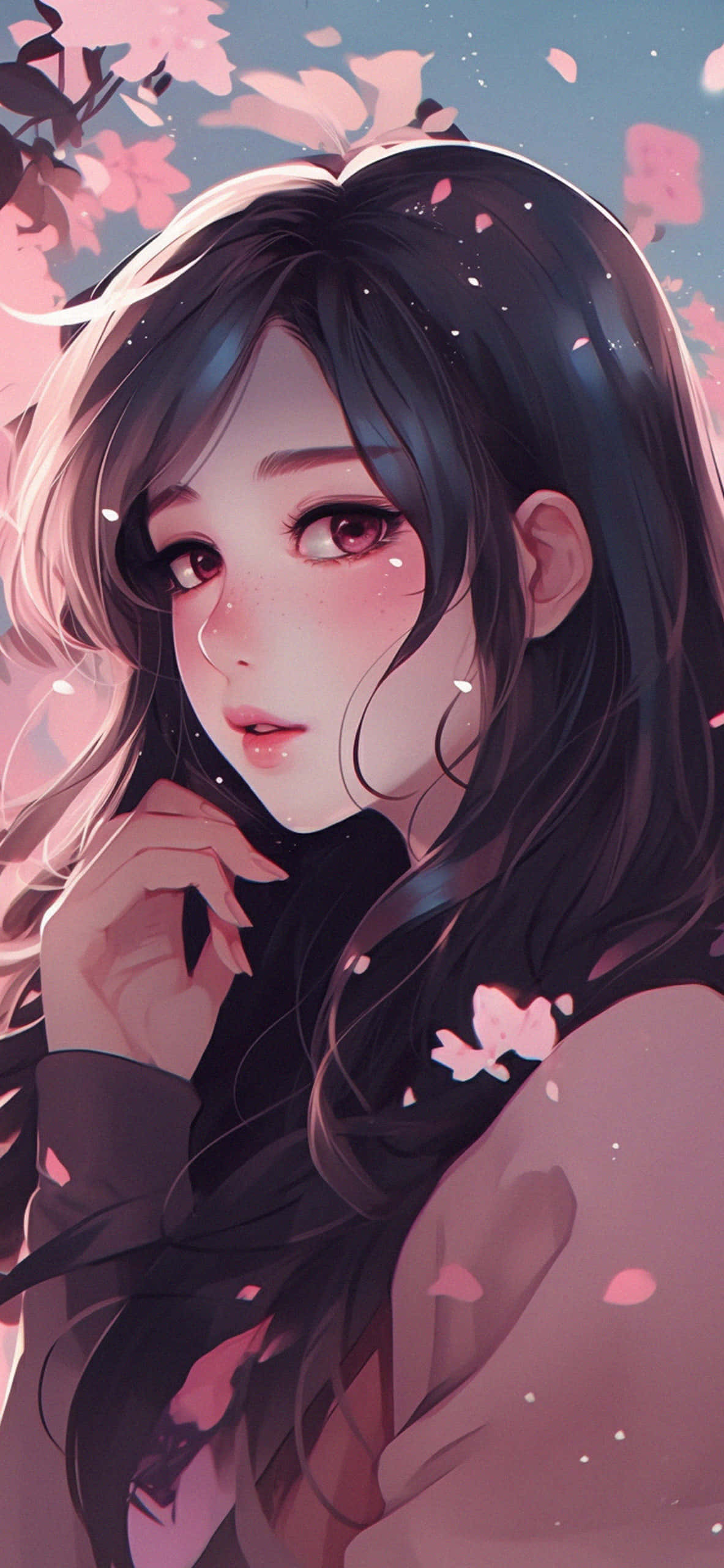 Dreamy Anime Girl, cherry blossoms, dark hair, 2K Phone Wallpaper