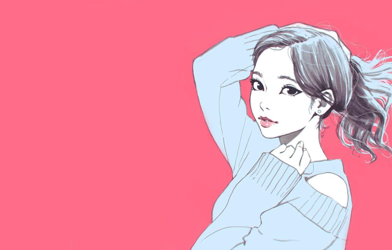 Elegant Sketchof Pretty Girl Aesthetic, light blue sweater, vibrant pink background, HD Desktop Wallpaper