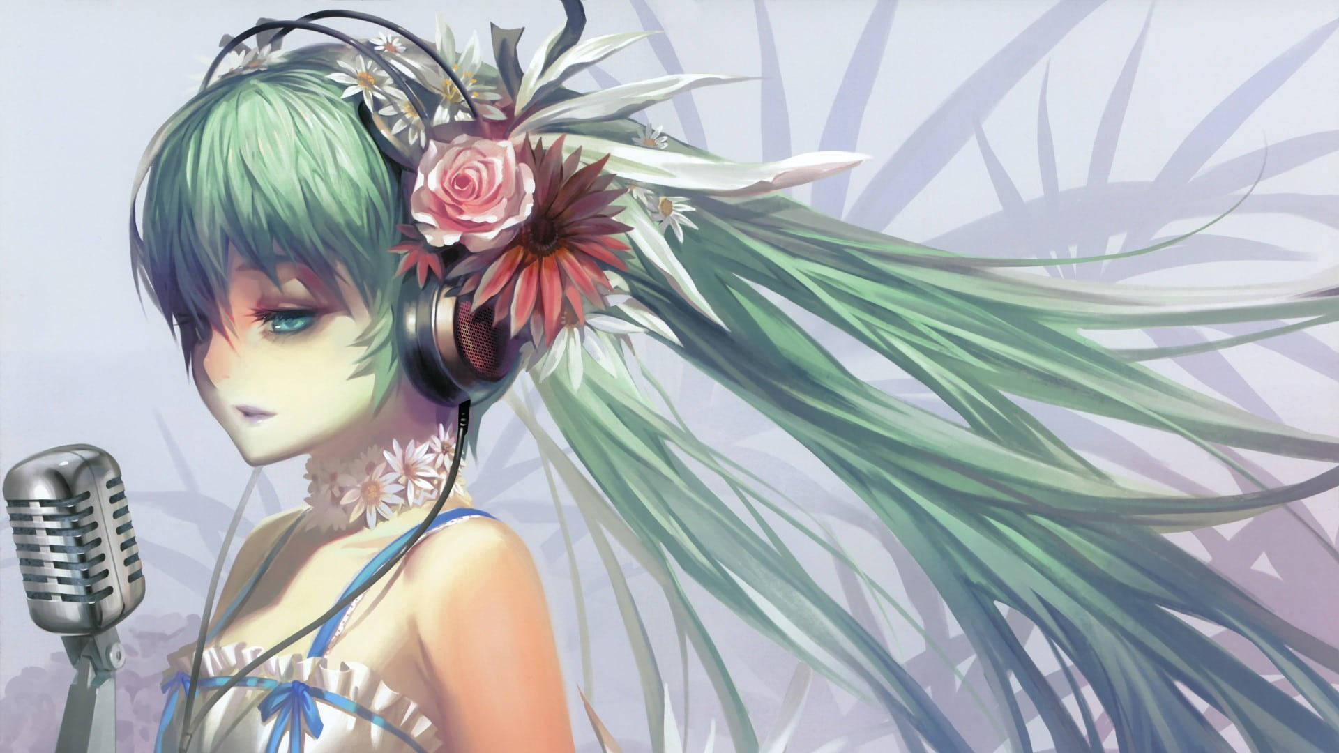 Pretty Girl Cartoon, green hair, floral headpiece, Full HD Desktop Wallpaper