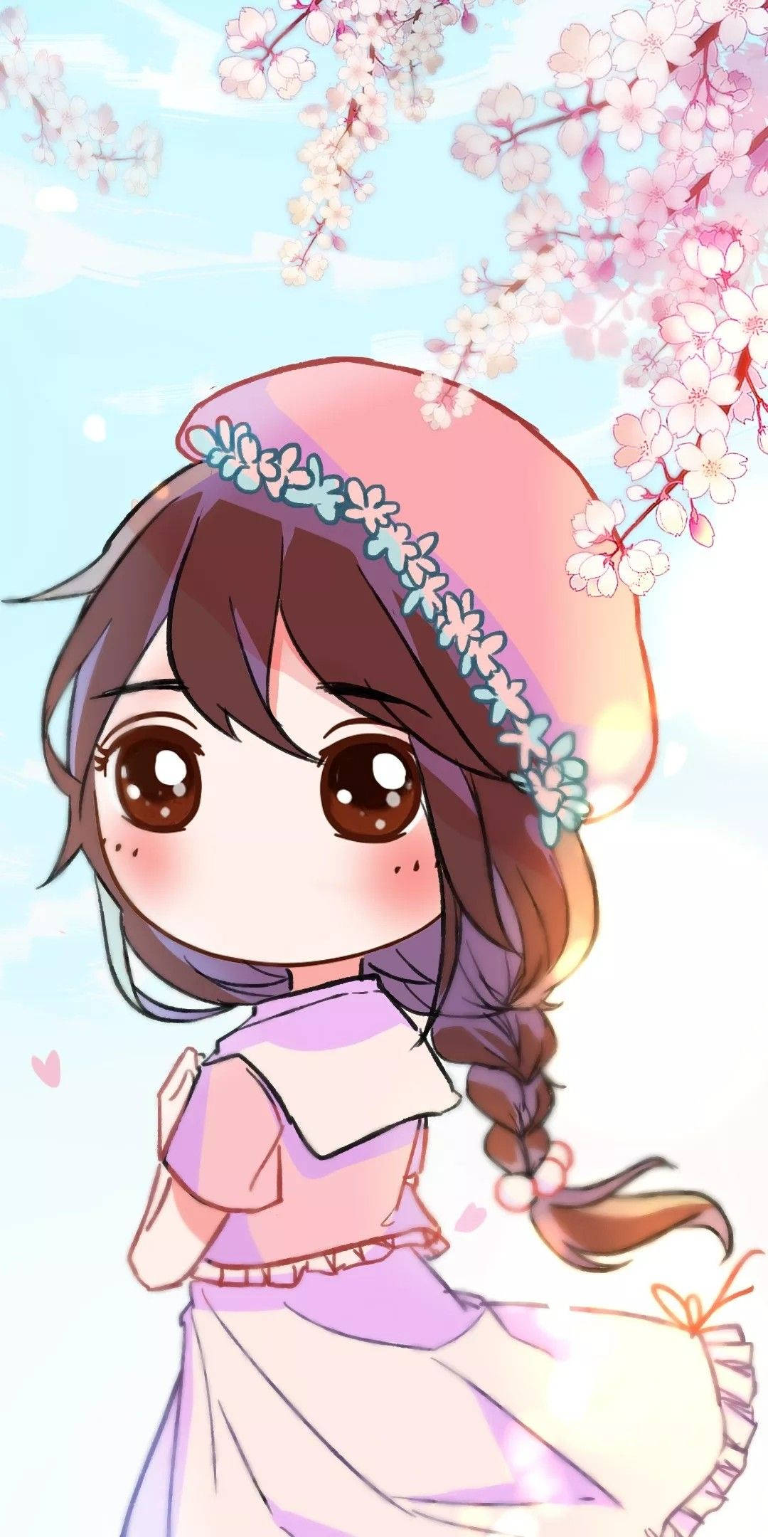 Pretty Girl Cartoon, sakura tree, cherry blossoms, Full HD Phone Wallpaper