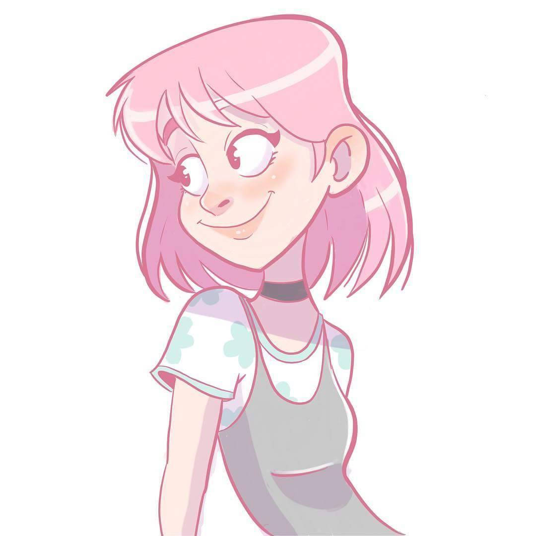 pretty girl cartoon, pink hair, floral shirt, SD Desktop Wallpaper