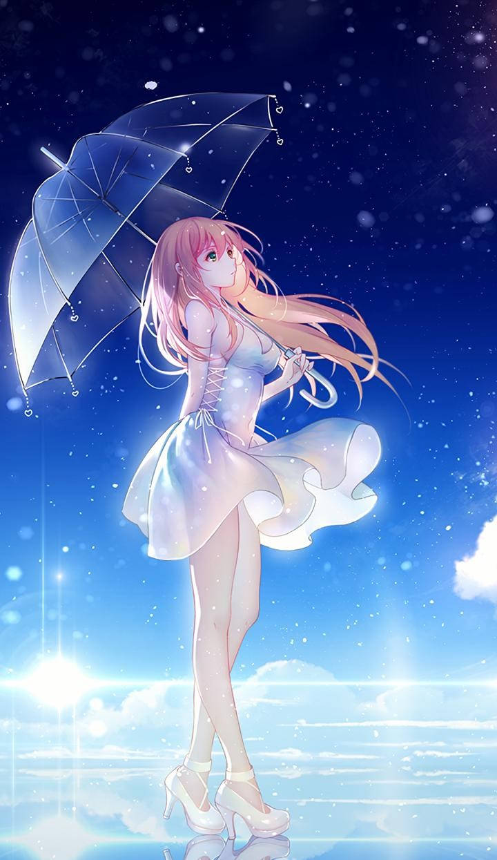 pink-haired anime girl, white dress, transparent umbrella, SD Phone Wallpaper