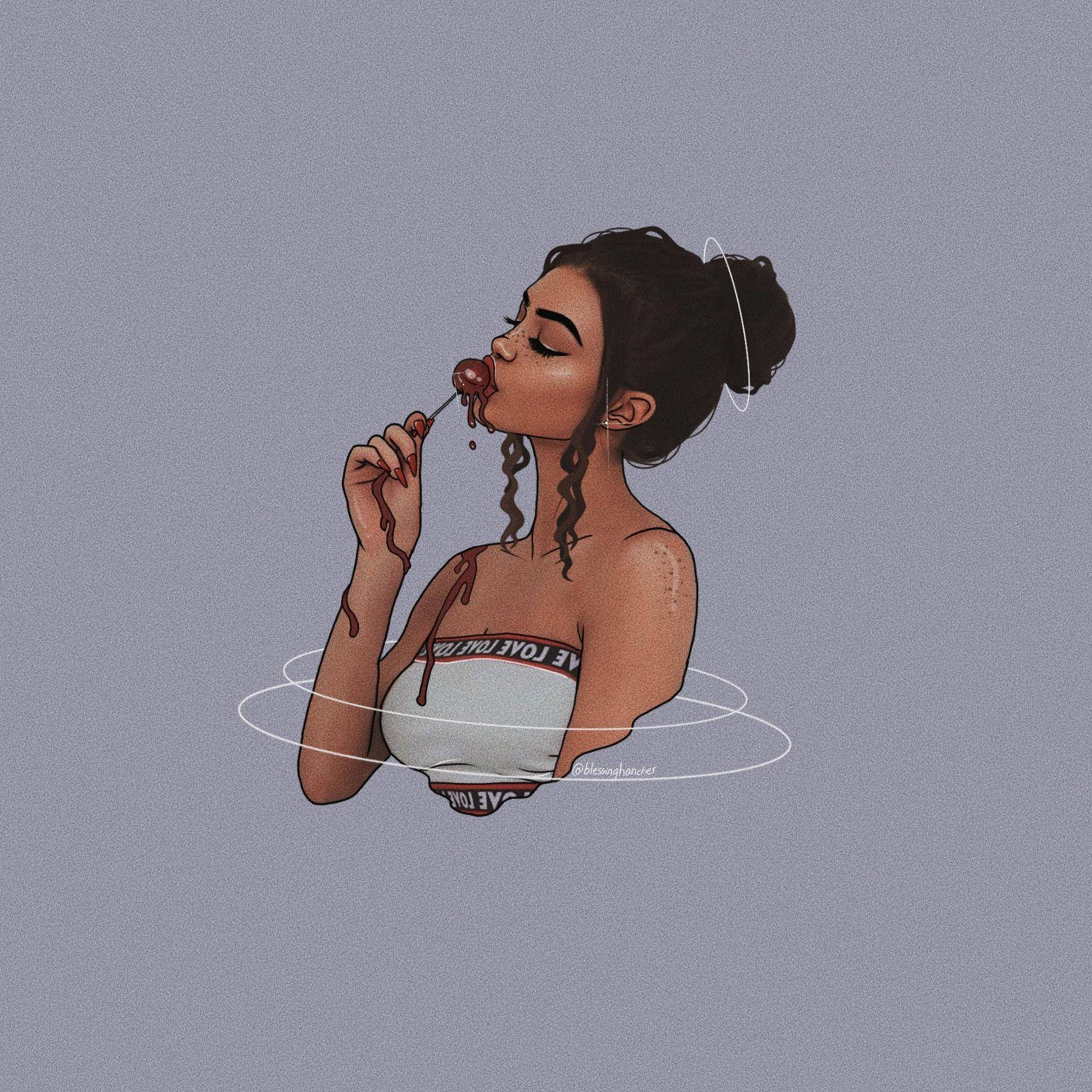 pretty girl cartoon, cherry lollipop, dark hair in a bun, HD Desktop Wallpaper