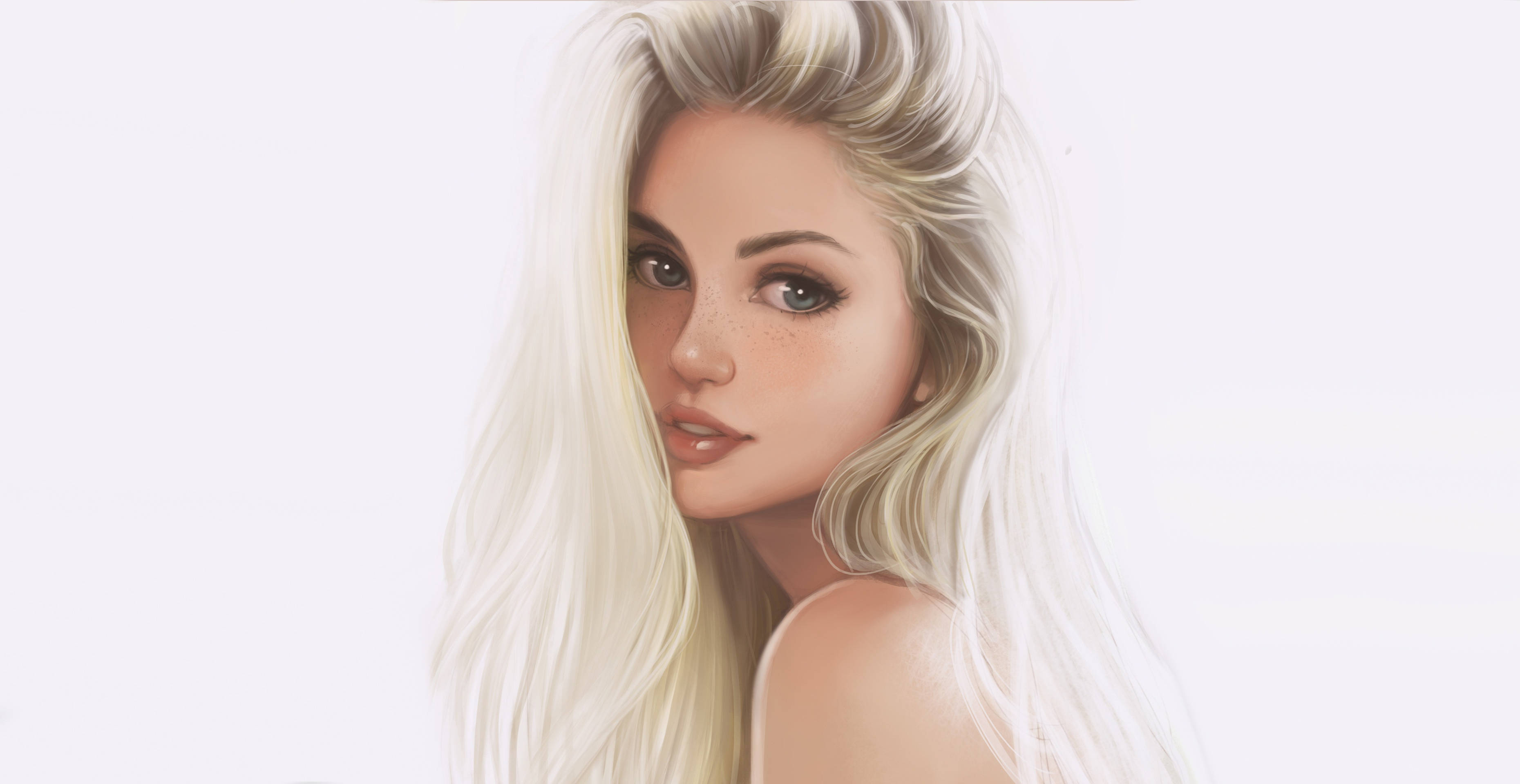 platinum blonde hair, soft makeup, plain white background, 2K Desktop Wallpaper