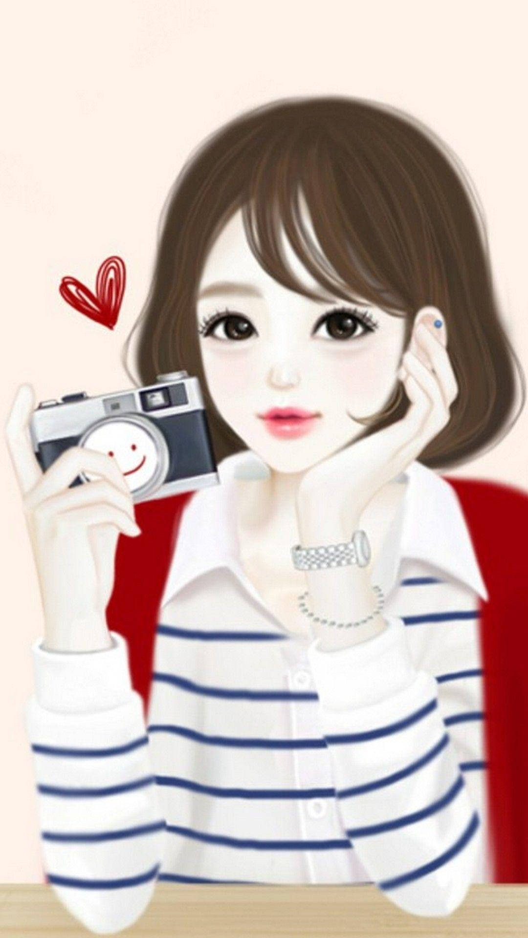 pretty girl cartoon, camera, brown hair, Full HD Phone Wallpaper