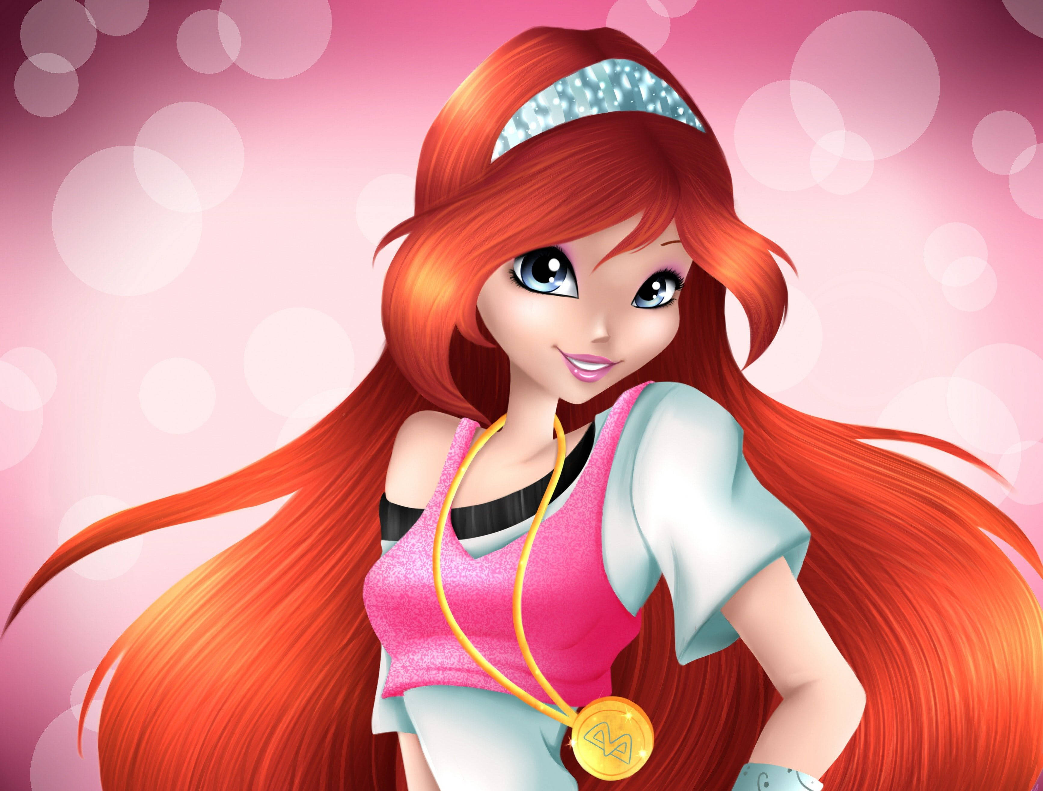 pretty girl cartoon, bloom pink vignette, fiery red hair, 2K Desktop Wallpaper