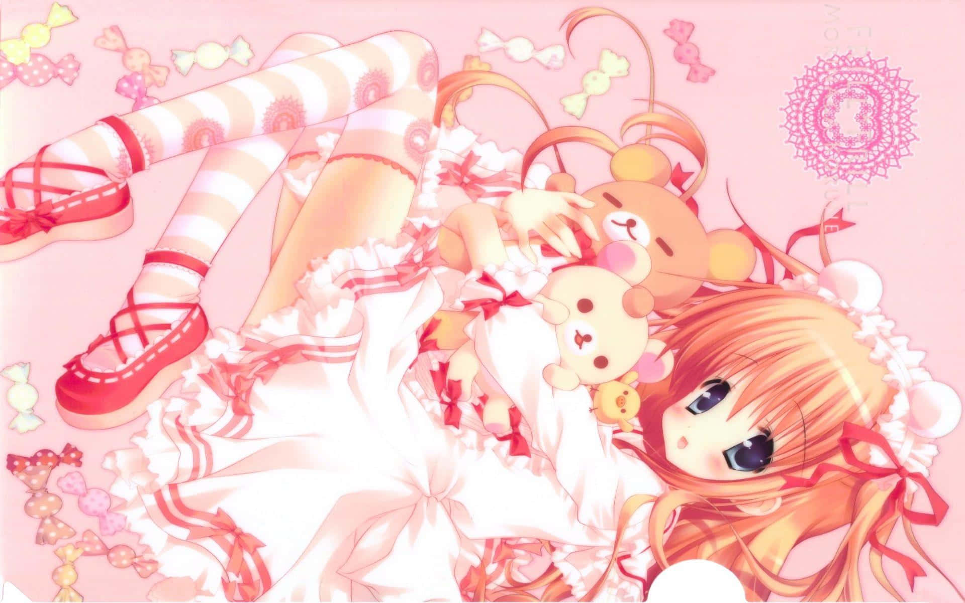 cutecore anime girl, orange hair, pink candy-filled scene, Full HD Desktop Wallpaper