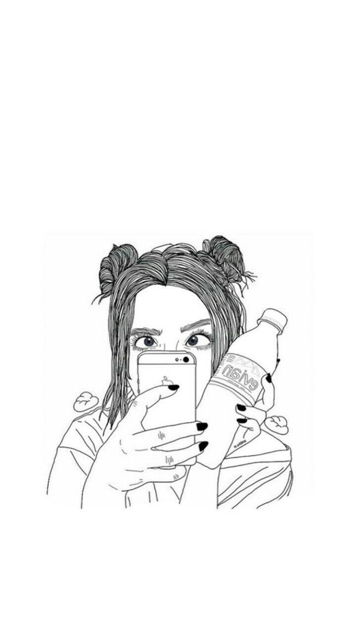 cool girl cartoon drawing, black and white line art, twin buns, HD Phone Wallpaper