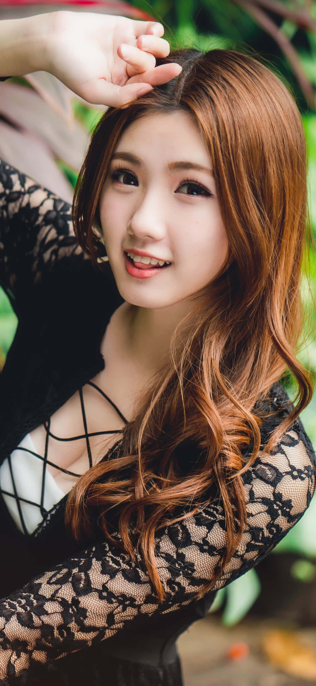 Thai girl, black lace top, long auburn hair, Full HD Phone Wallpaper