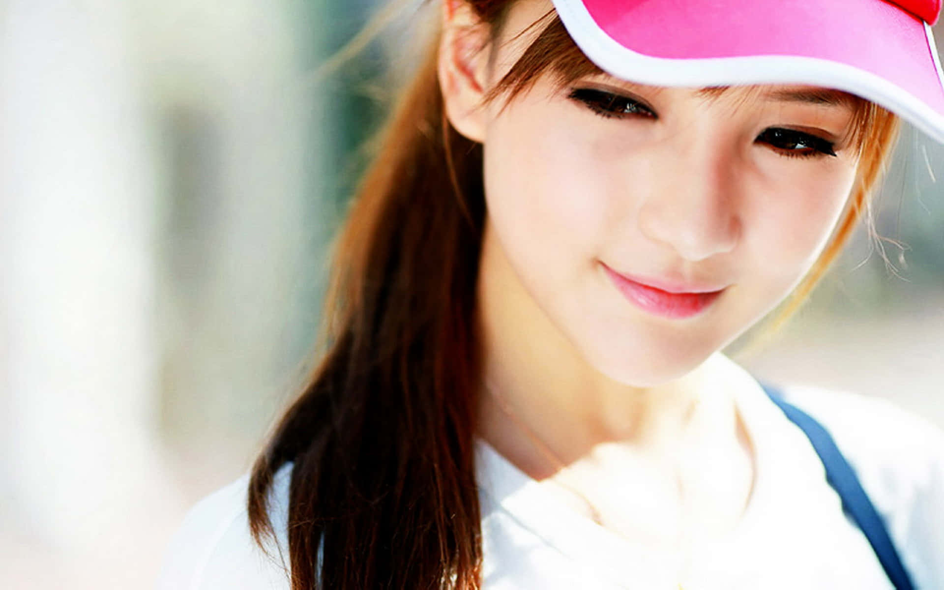 pretty girl, pink cap, long brown hair, Full HD Desktop Wallpaper