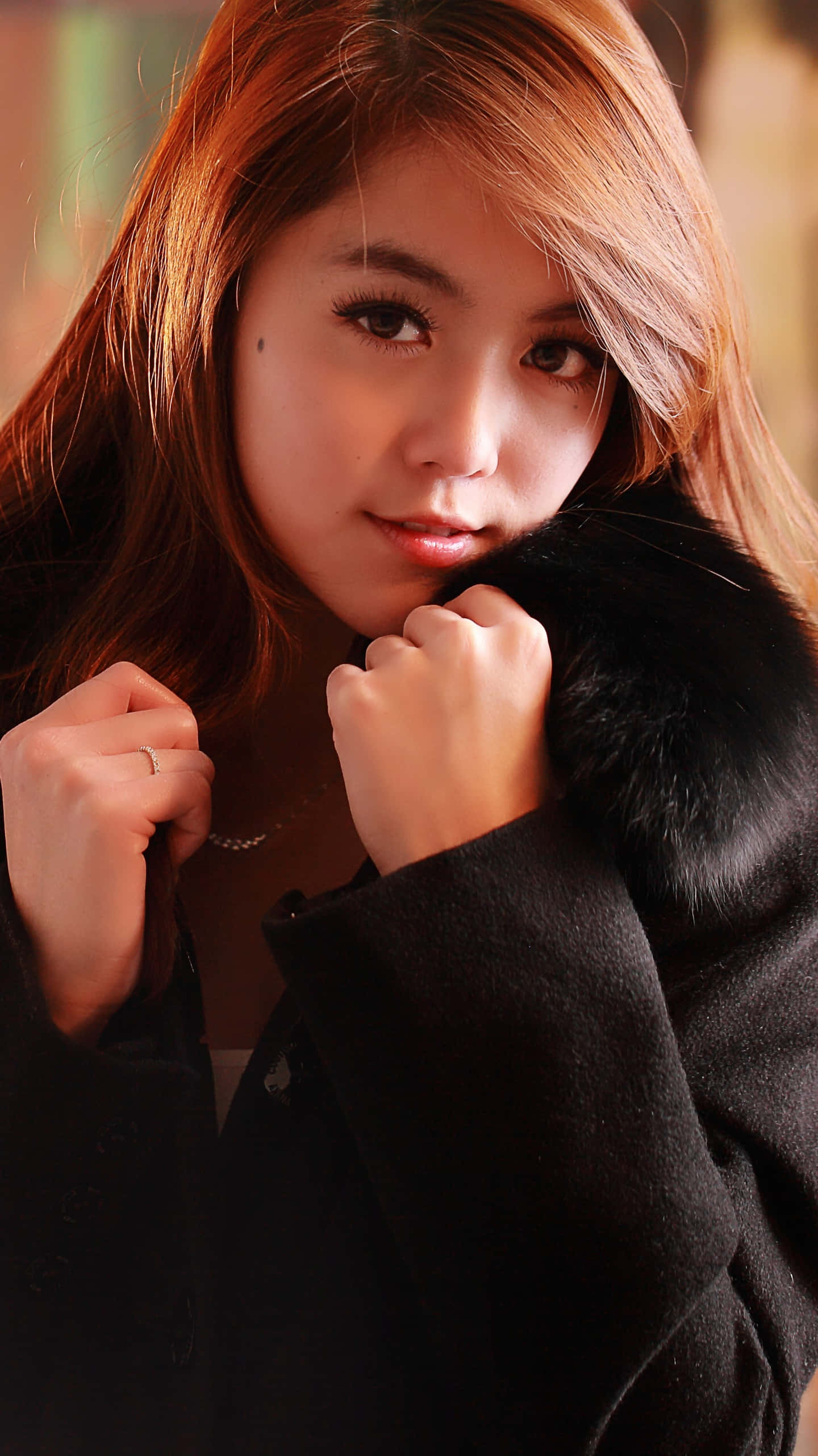 Thai Girl, black coat, fur collar, 2K Phone Wallpaper