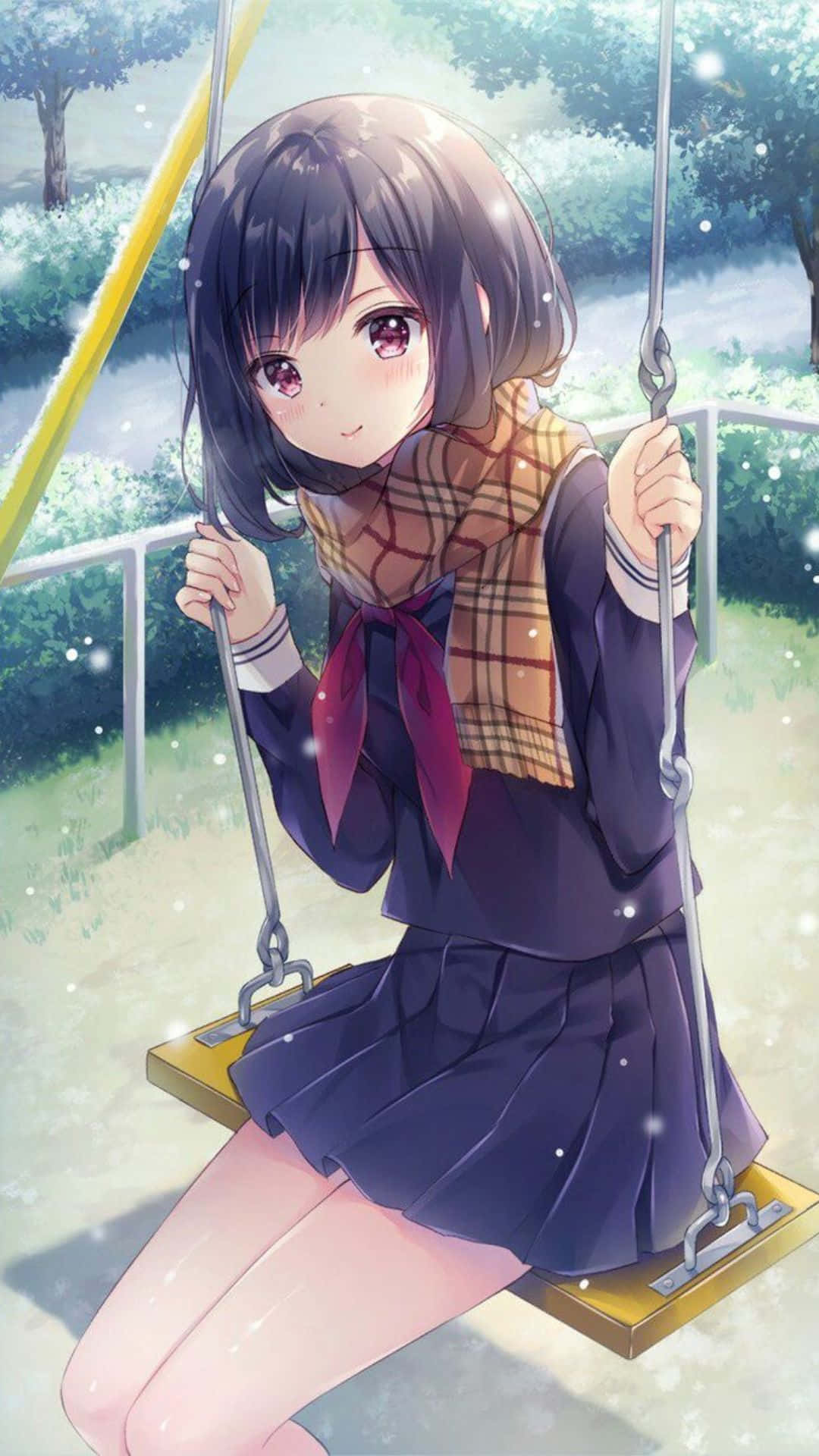 anime girl, school uniform, swing, Full HD Phone Wallpaper