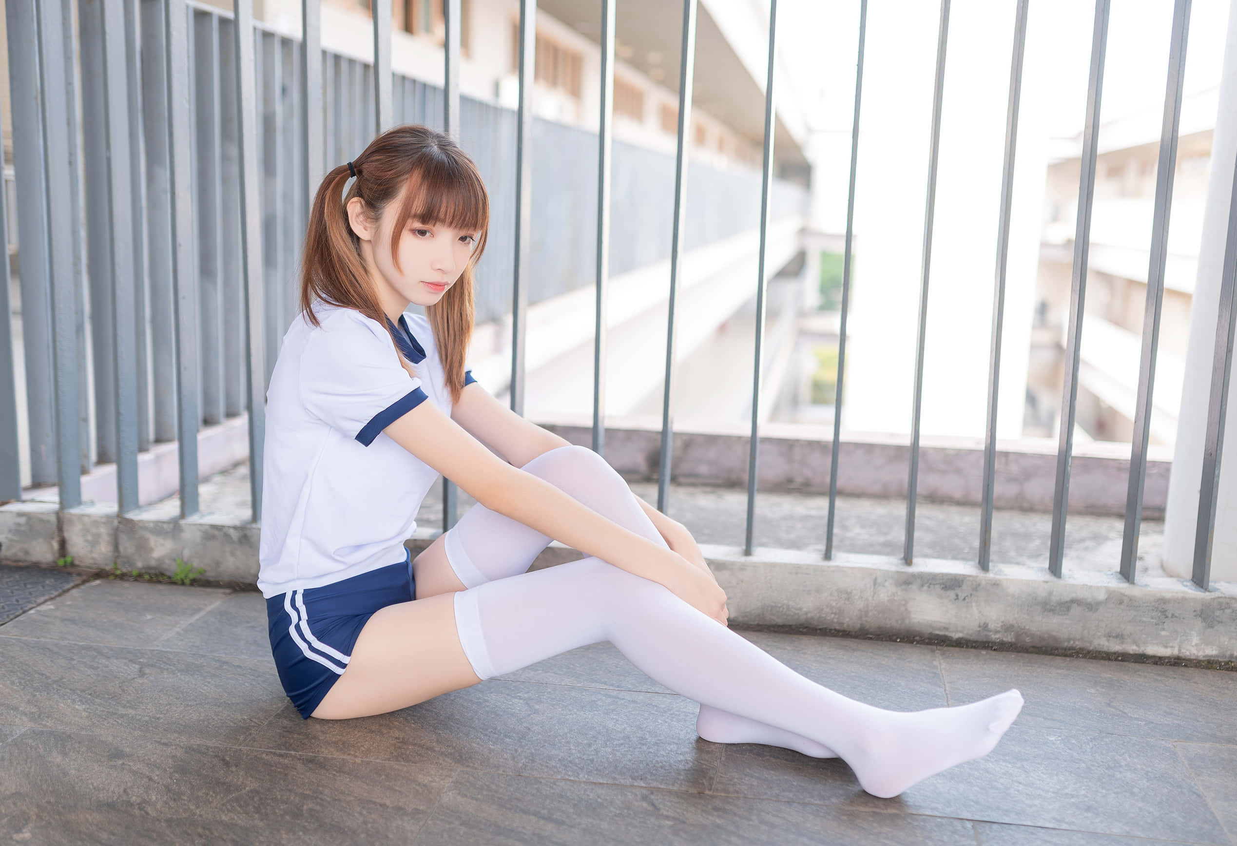 pigtails, thigh highs, white and blue school uniform, Full HD Desktop Wallpaper