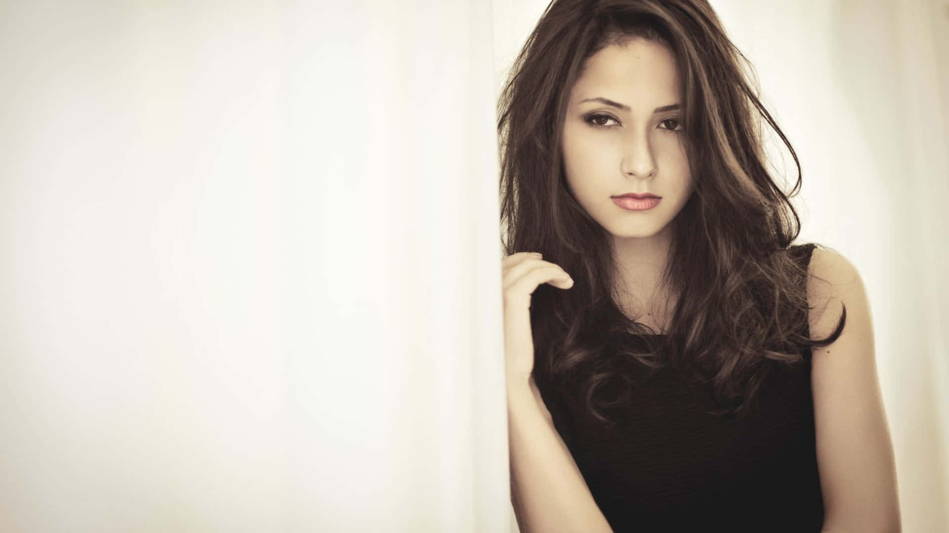 pretty girl, long dark hair, white curtain, Full HD Desktop Wallpaper