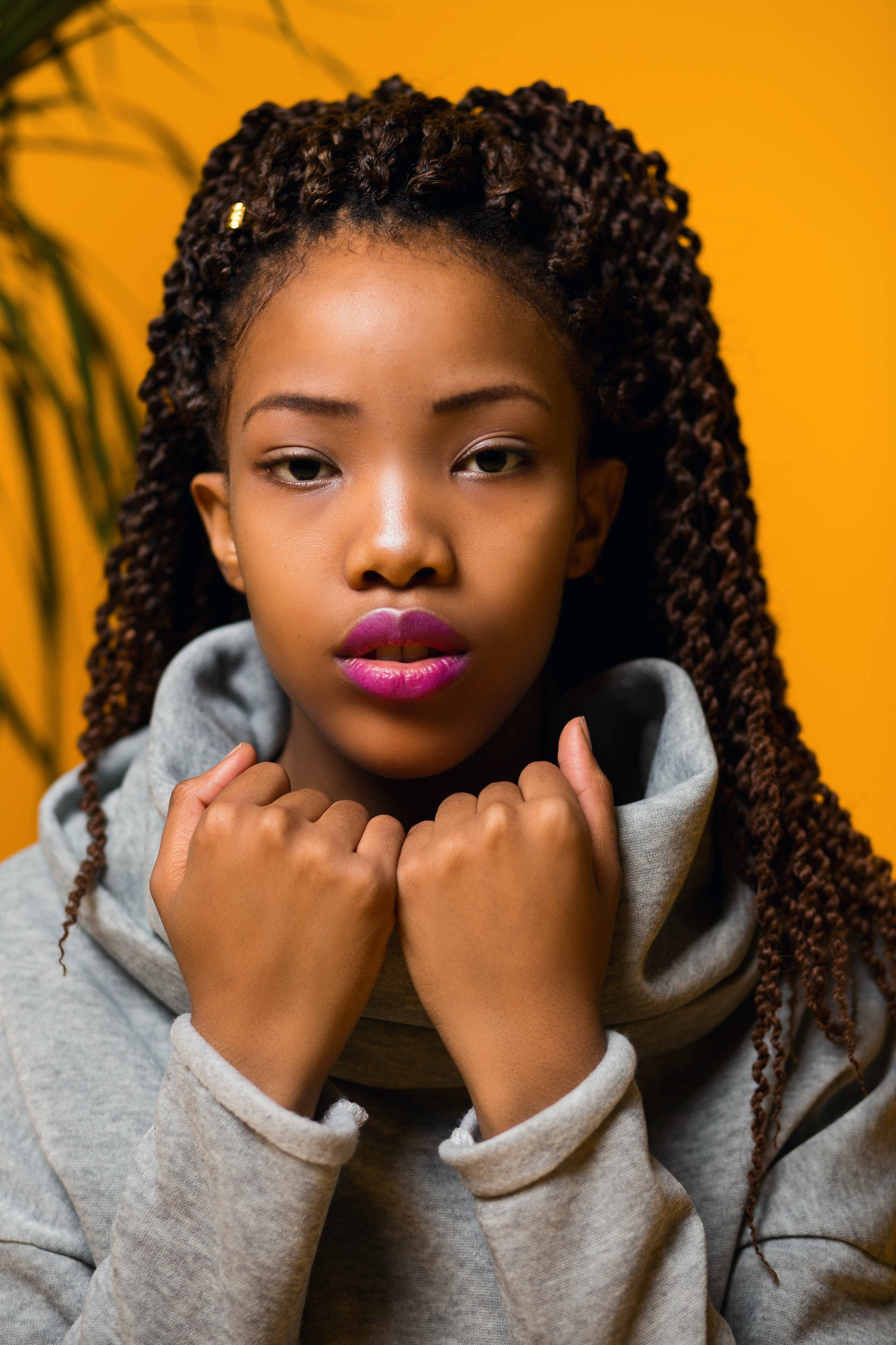 curly black girl, braided hair, bold pink lips, 2K Phone Wallpaper