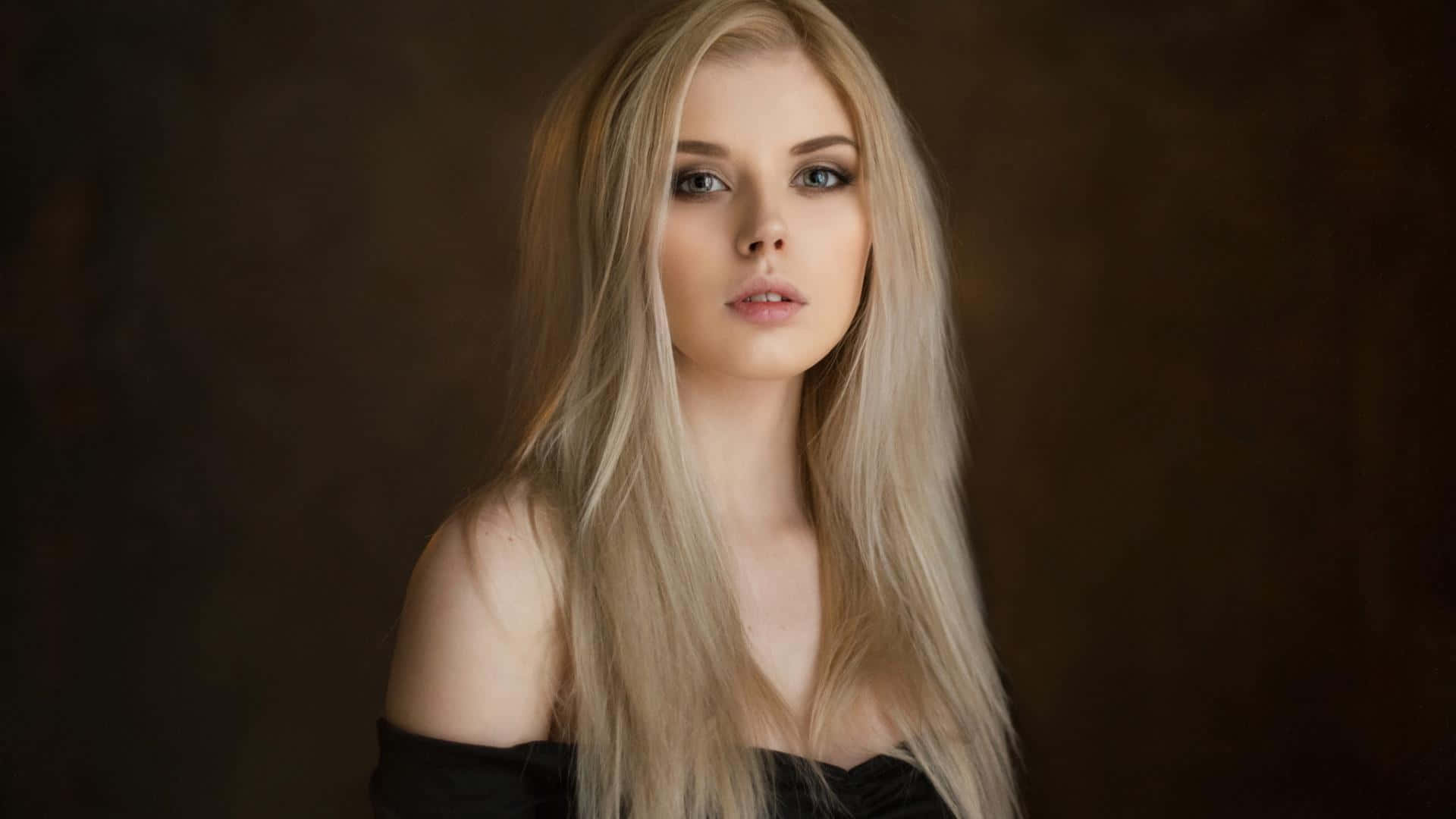blonde woman, long flowing hair, dark brown studio backdrop, Full HD Desktop Wallpaper