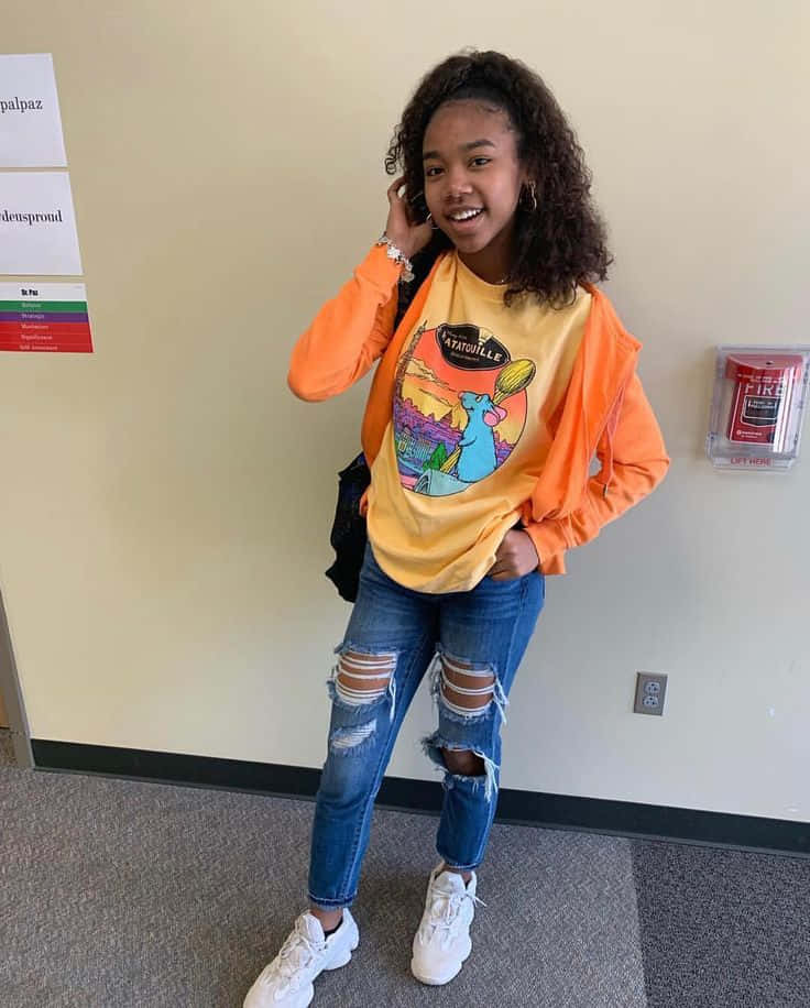 Pretty Teen School Girl, curly hair, colorful ratatouille tshirt, SD Phone Wallpaper