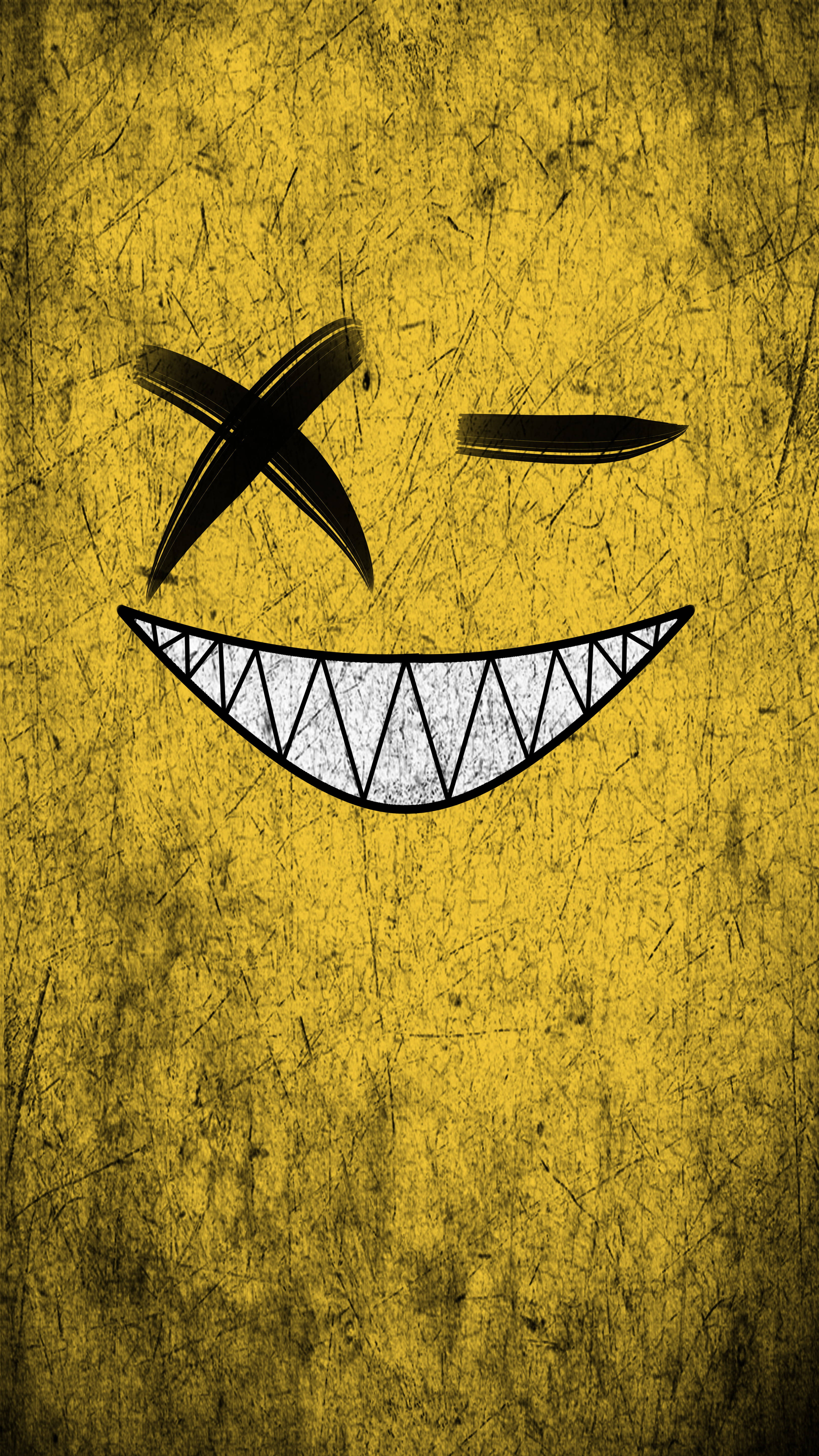 plain yellow iPhone, grinning emoji, one eye crossed out, 5K Phone Wallpaper