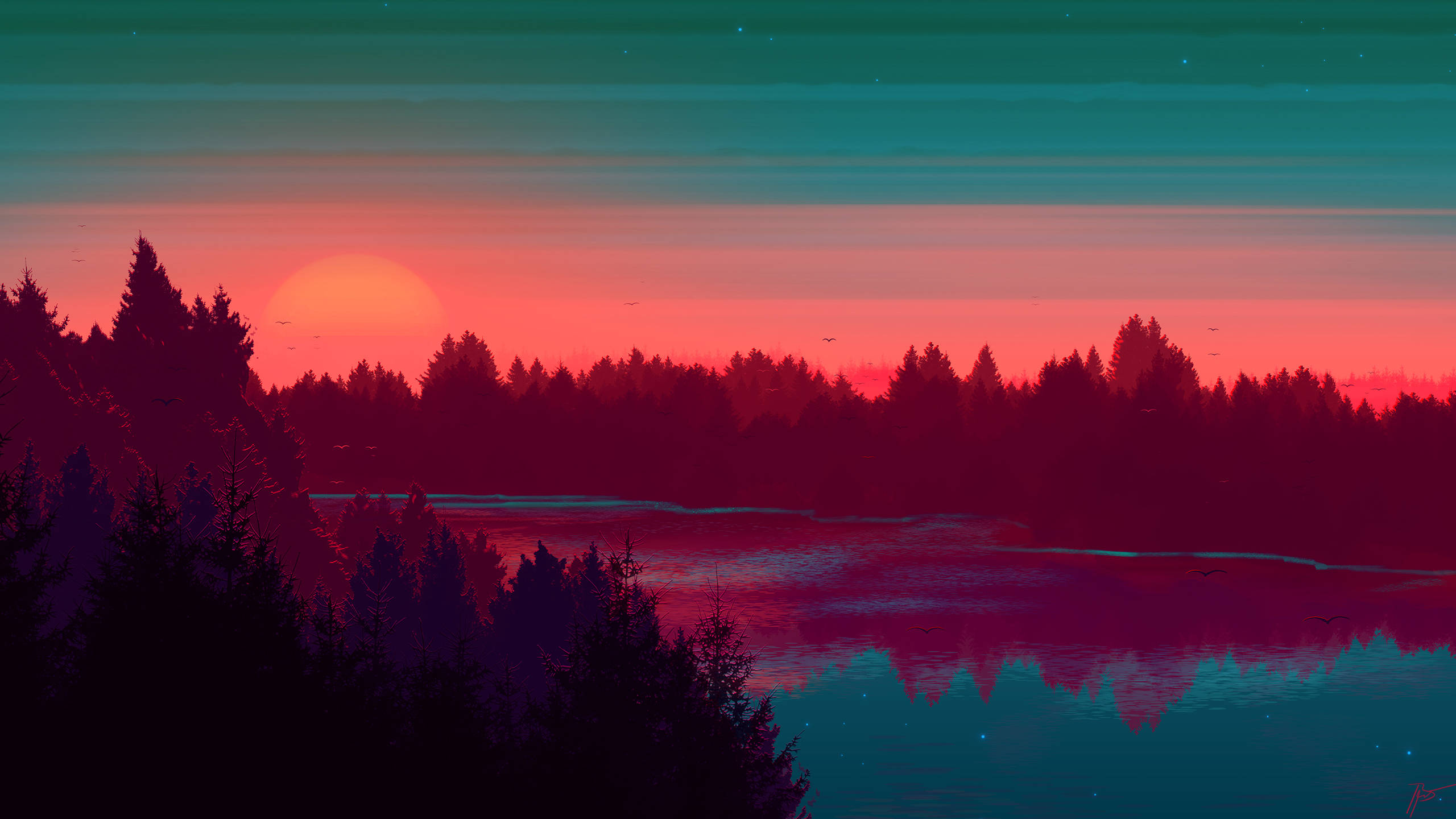 River Sunset, forested lake, vibrant red orange, 2K Desktop Wallpaper