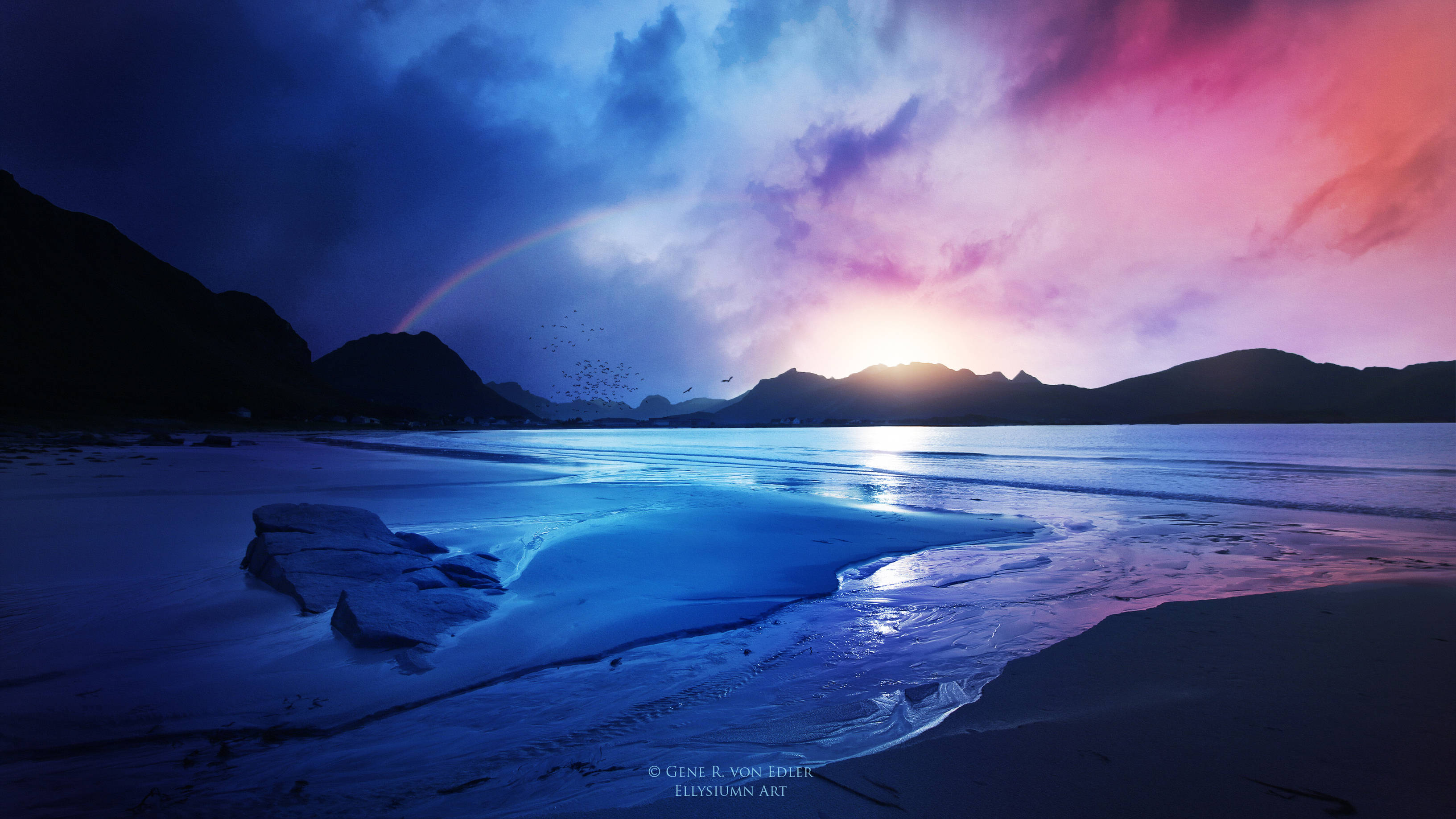 blue purple lake, twilight, vivid blue and pink sky, 2K Desktop Wallpaper