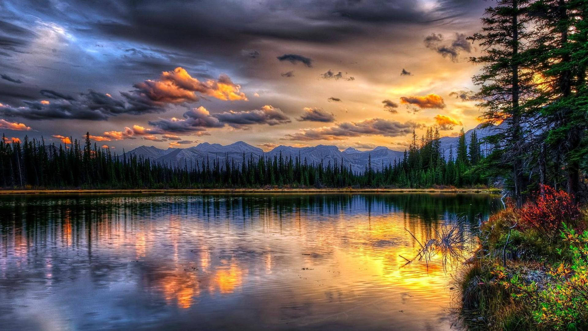 sunset, lake, fiery sunset clouds, Full HD Desktop Wallpaper
